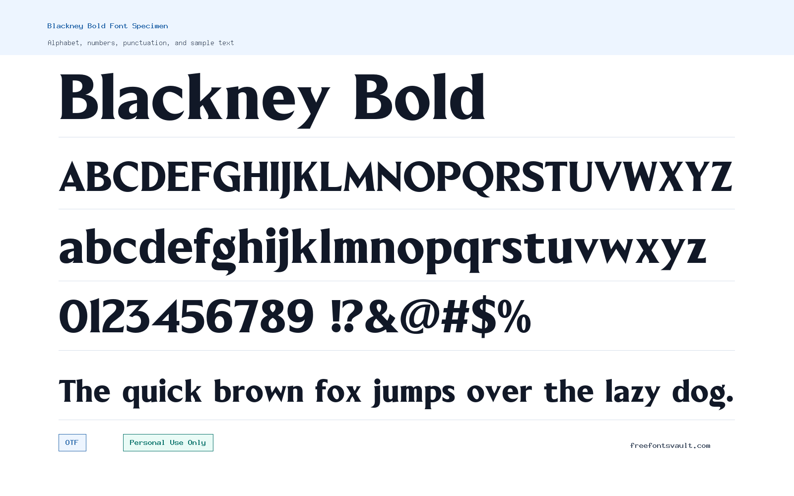 Blackney Bold font specimen showing alphabet, numbers, and sample text