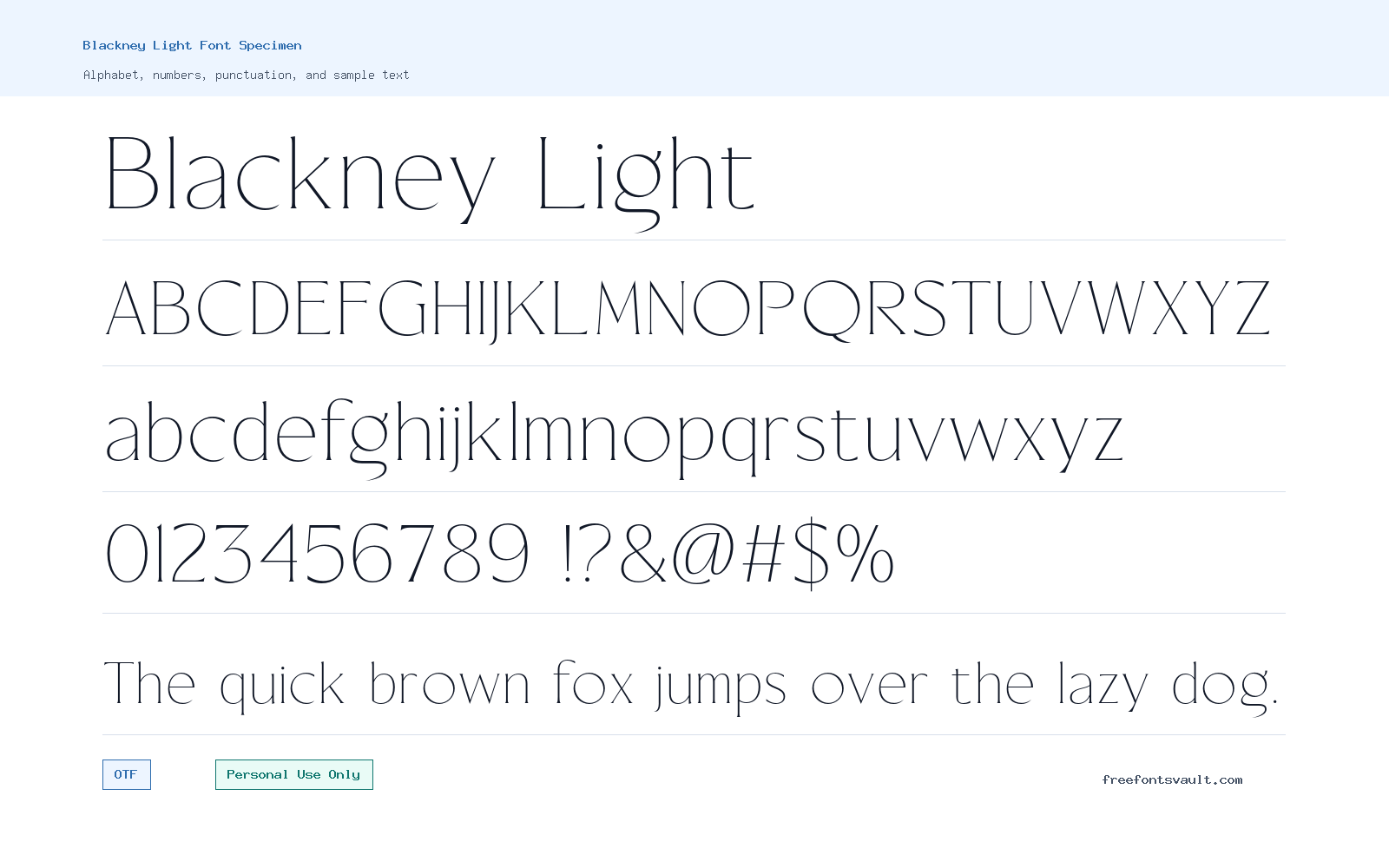 Blackney Light font specimen showing alphabet, numbers, and sample text