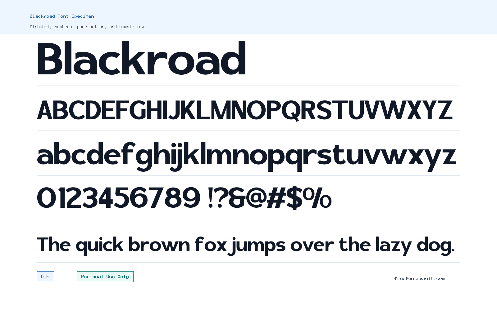Blackroad font specimen showing alphabet, numbers, and sample text