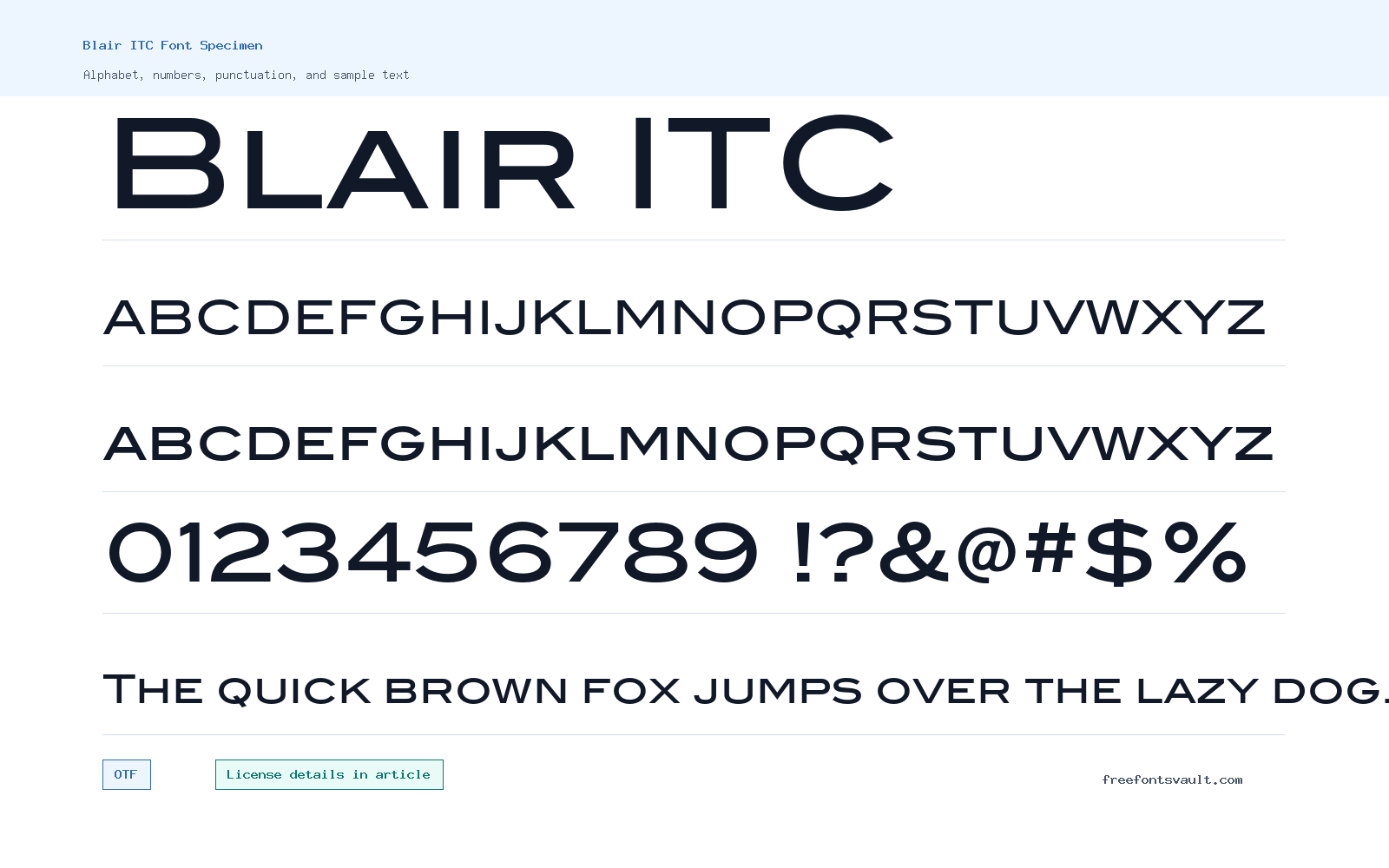 Blair ITC font specimen showing alphabet, numbers, and sample text