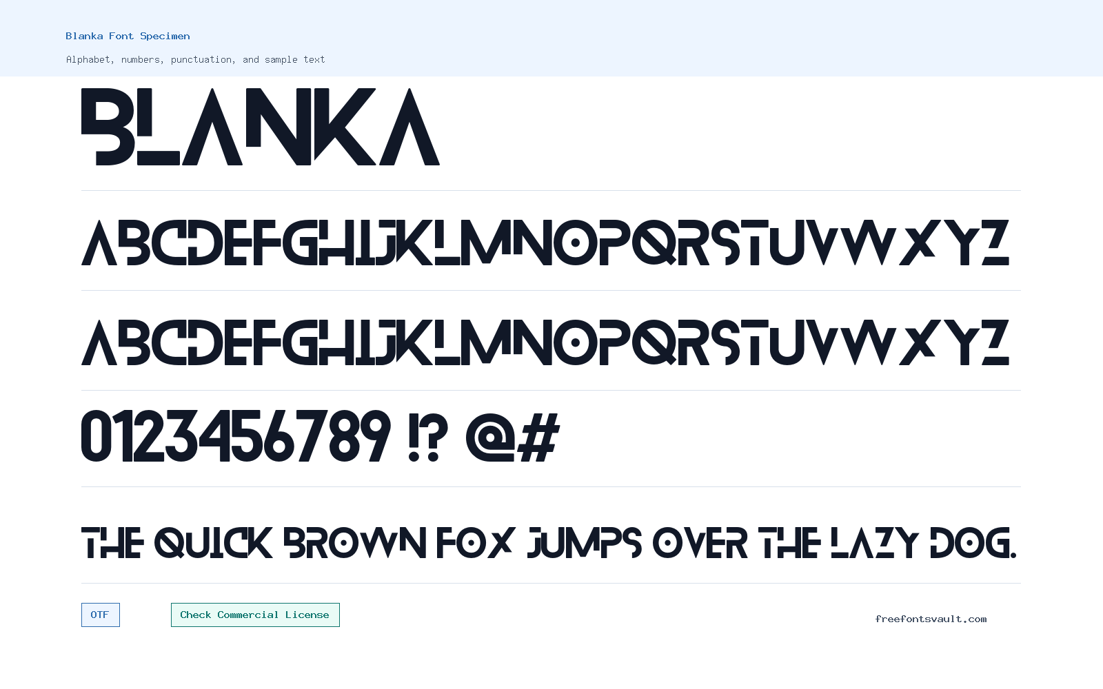 Blanka font specimen showing alphabet, numbers, and sample text