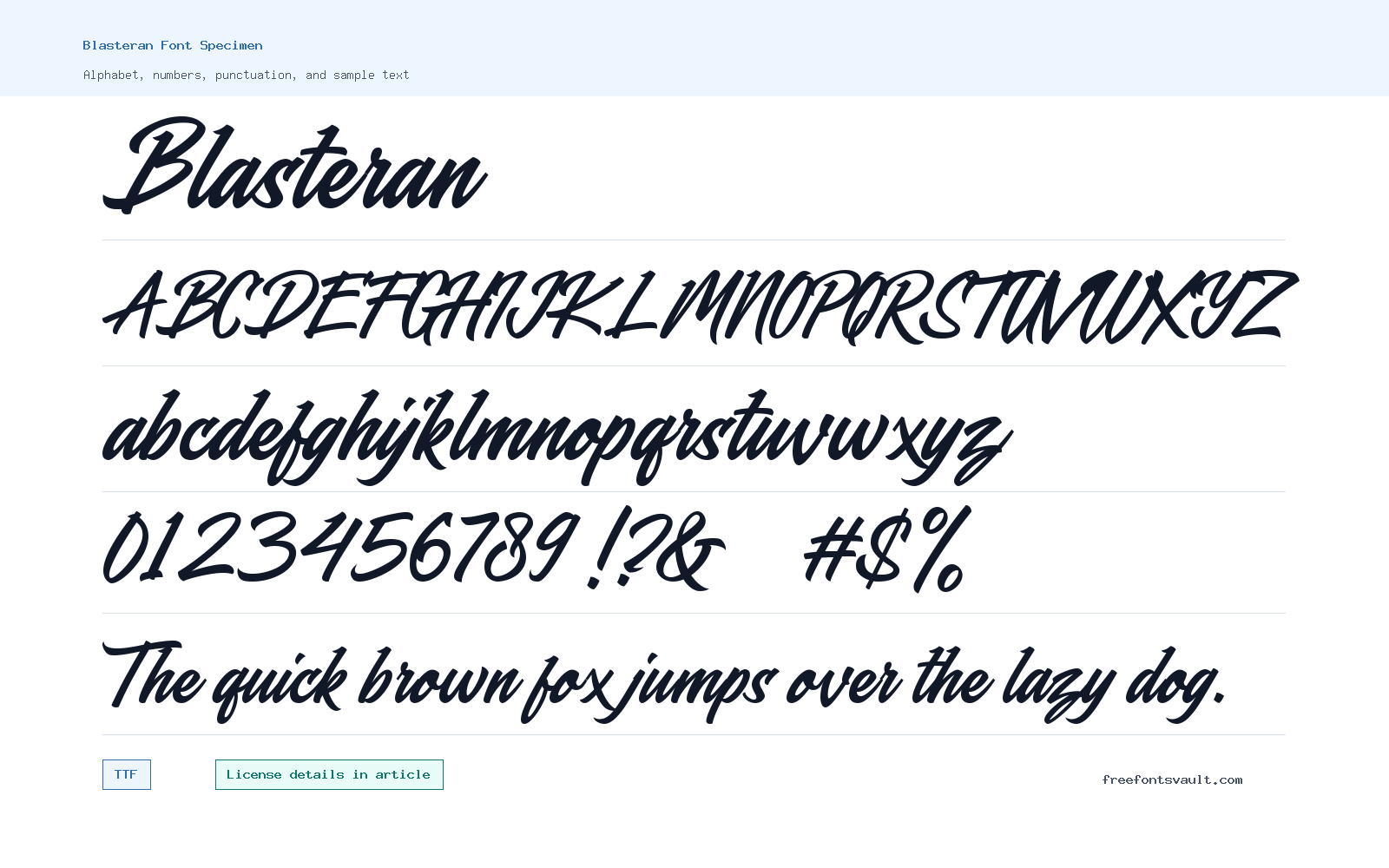 Blasteran font specimen showing alphabet, numbers, and sample text