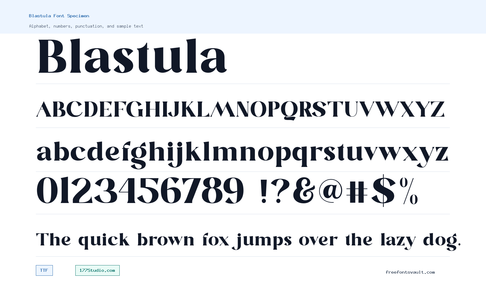 Blastula font specimen showing alphabet, numbers, and sample text