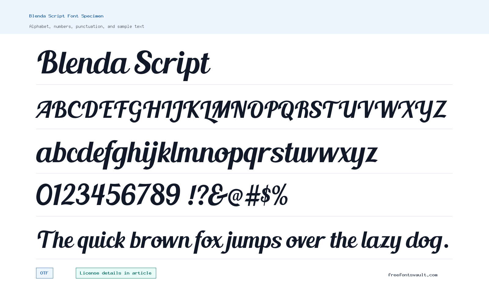 Blenda Script font specimen showing alphabet, numbers, and sample text