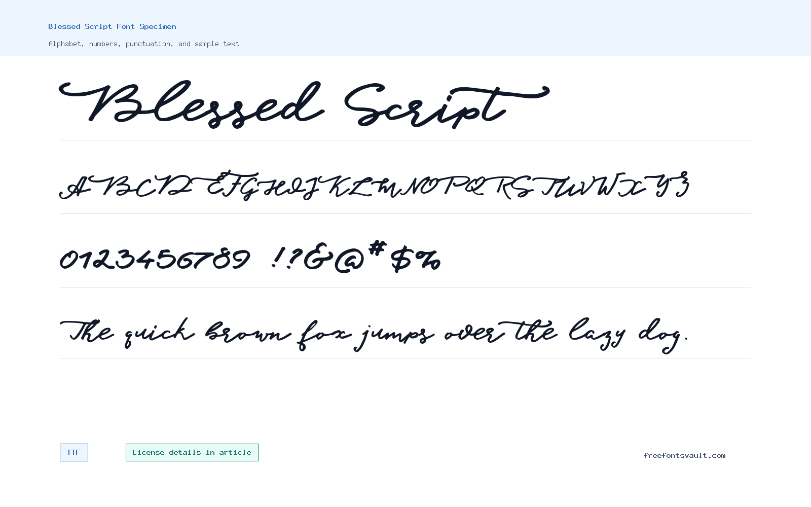 Blessed Script font specimen showing alphabet, numbers, and sample text