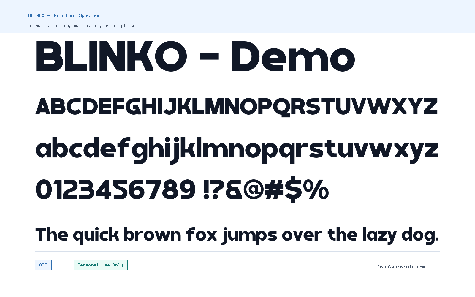 BLINKO - Demo font specimen showing alphabet, numbers, and sample text