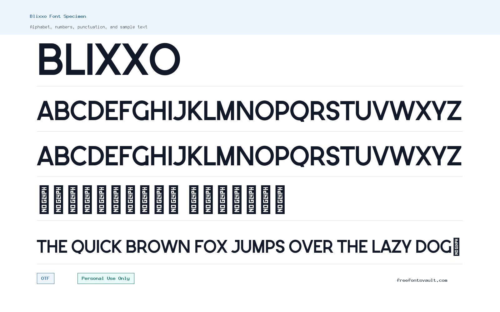 Blixxo font specimen showing alphabet, numbers, and sample text