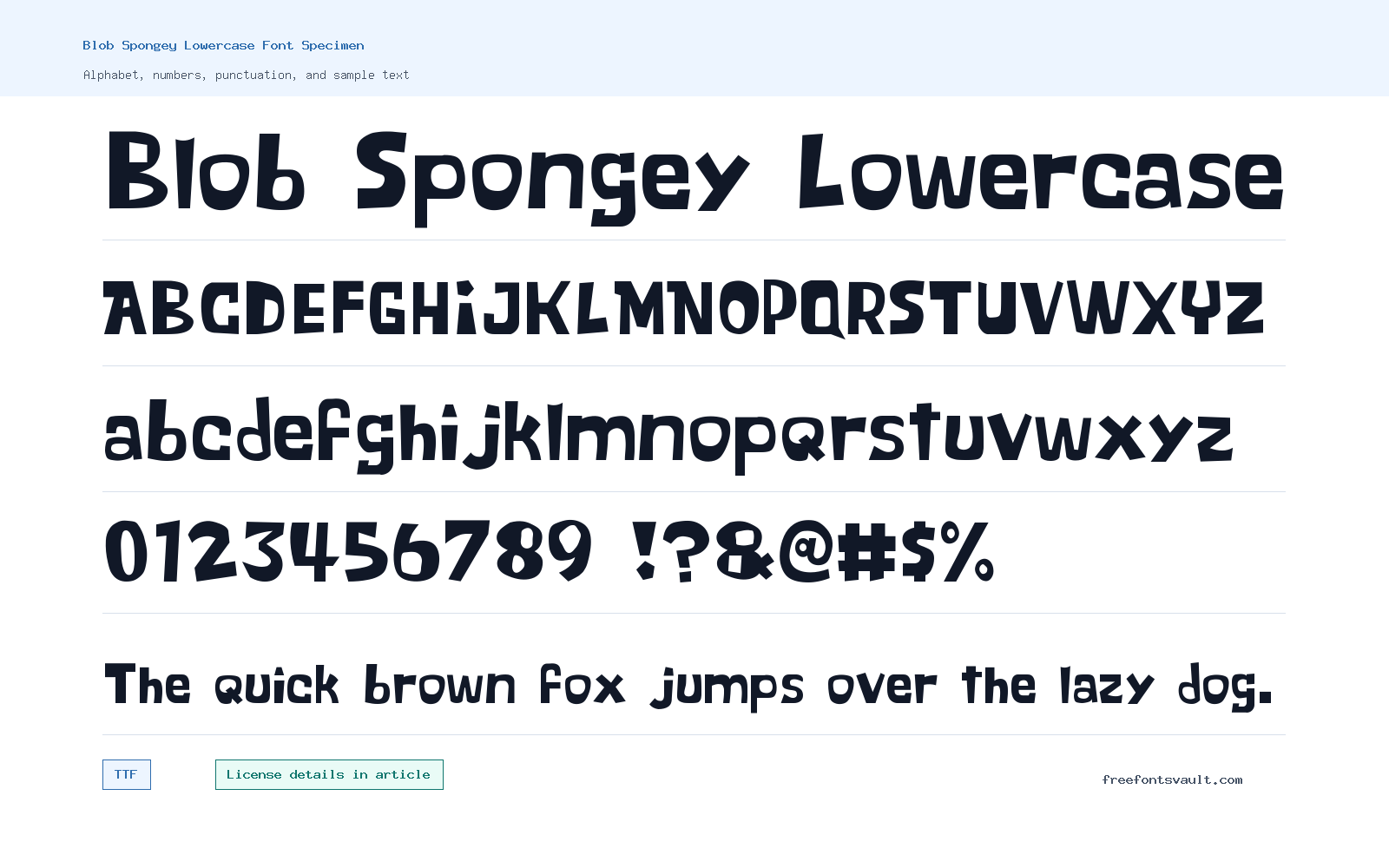 Blob Spongey Lowercase font specimen showing alphabet, numbers, and sample text