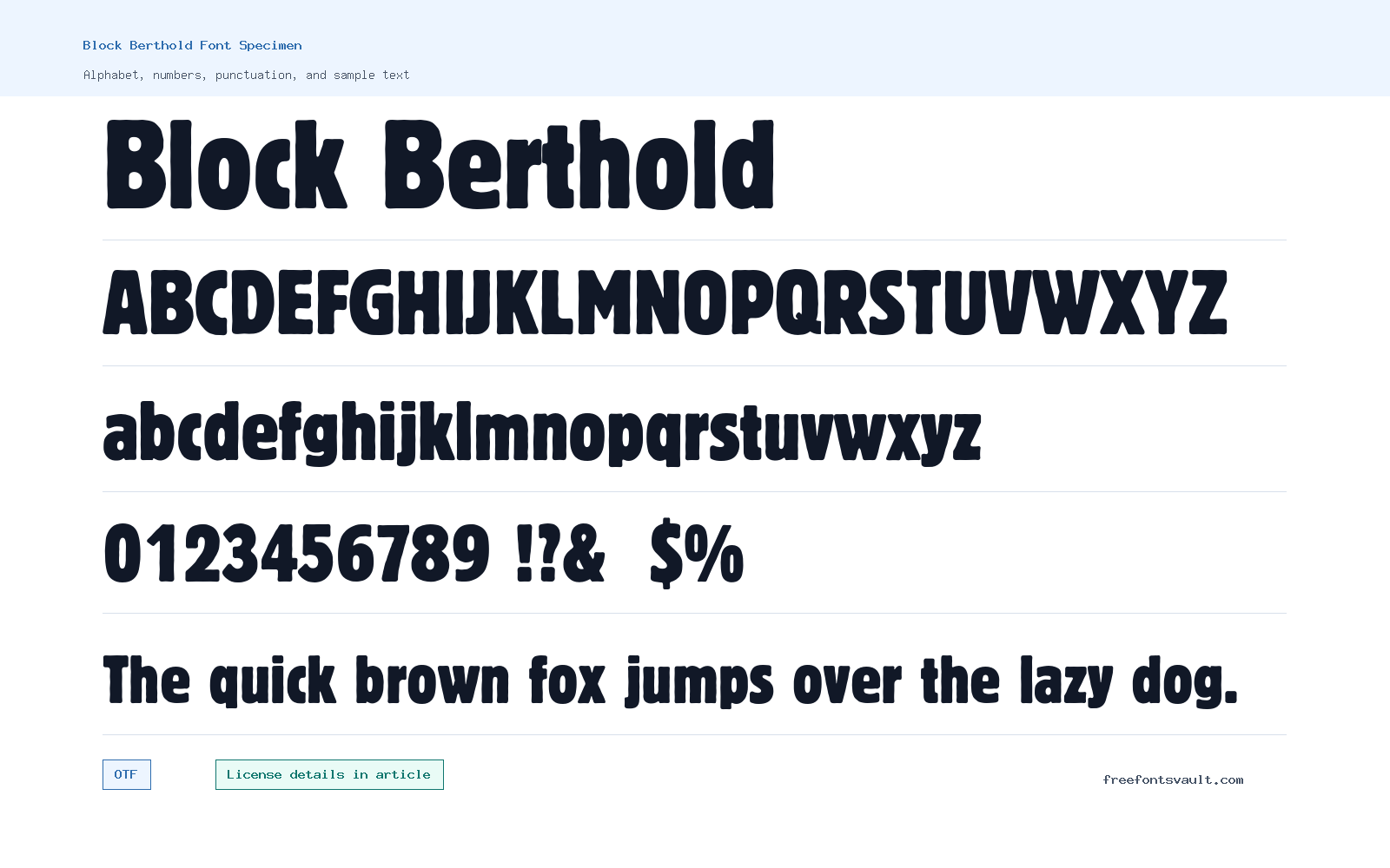 Block Berthold font specimen showing alphabet, numbers, and sample text