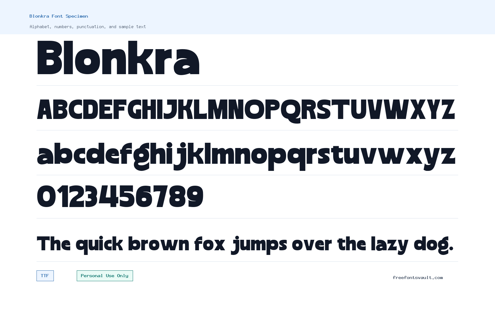 Blonkra font specimen showing alphabet, numbers, and sample text