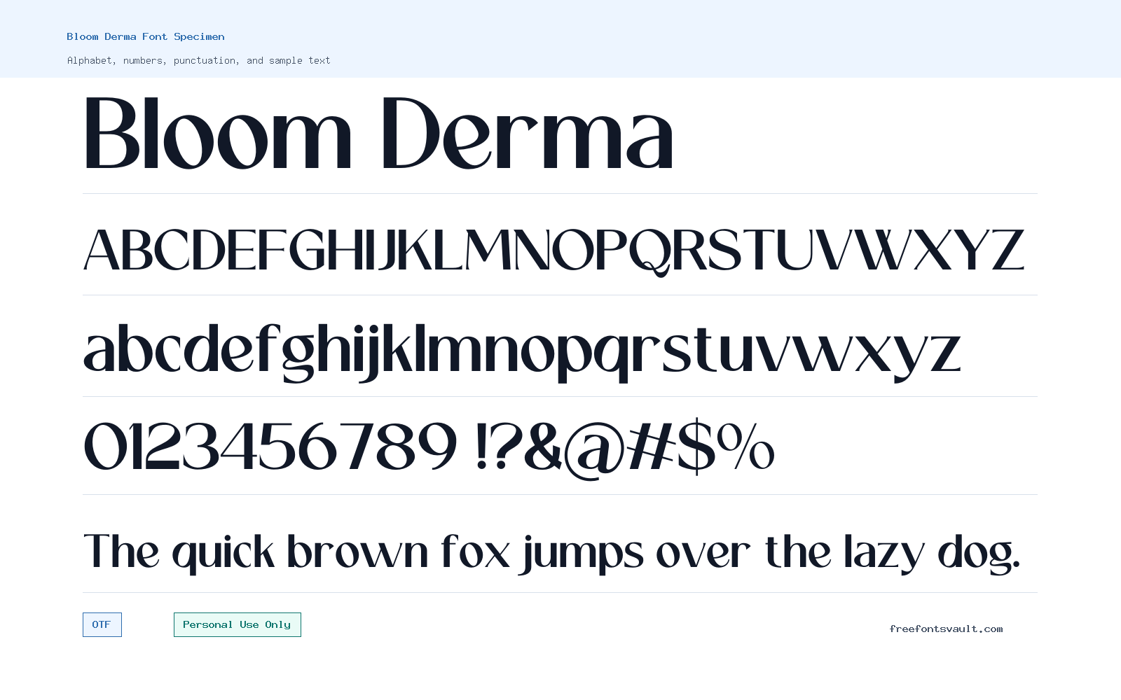 Bloom Derma font specimen showing alphabet, numbers, and sample text