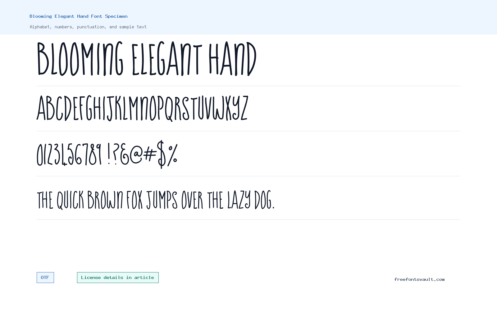 Blooming Elegant Hand font specimen showing alphabet, numbers, and sample text