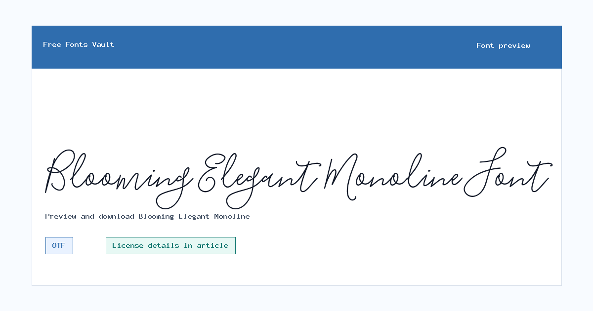 Blooming Elegant Monoline font preview showing the family name