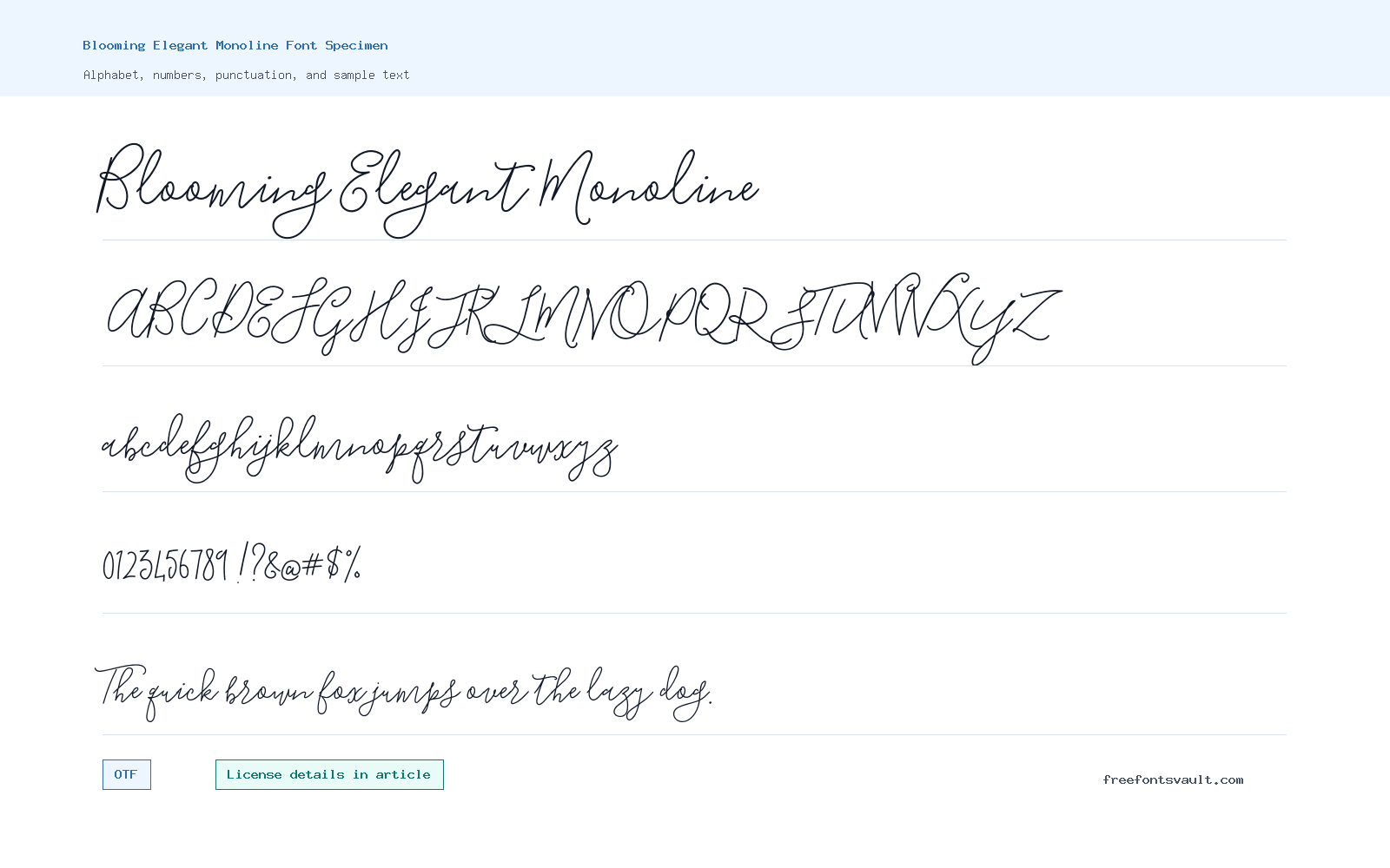Blooming Elegant Monoline font specimen showing alphabet, numbers, and sample text