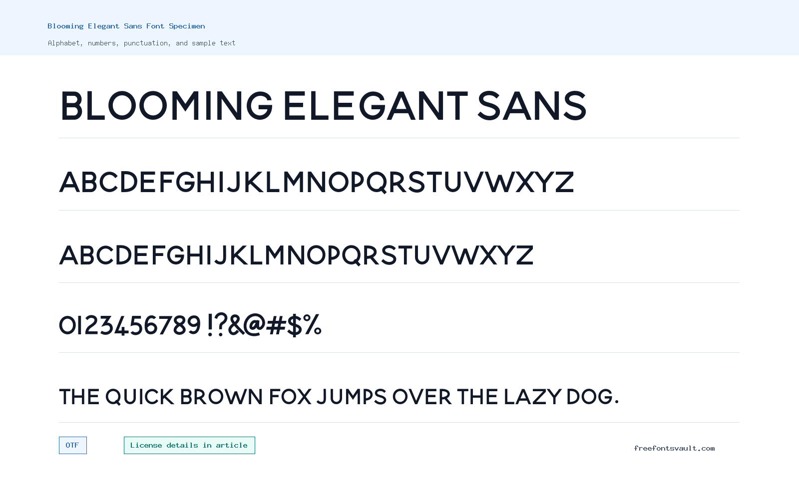 Blooming Elegant Sans font specimen showing alphabet, numbers, and sample text