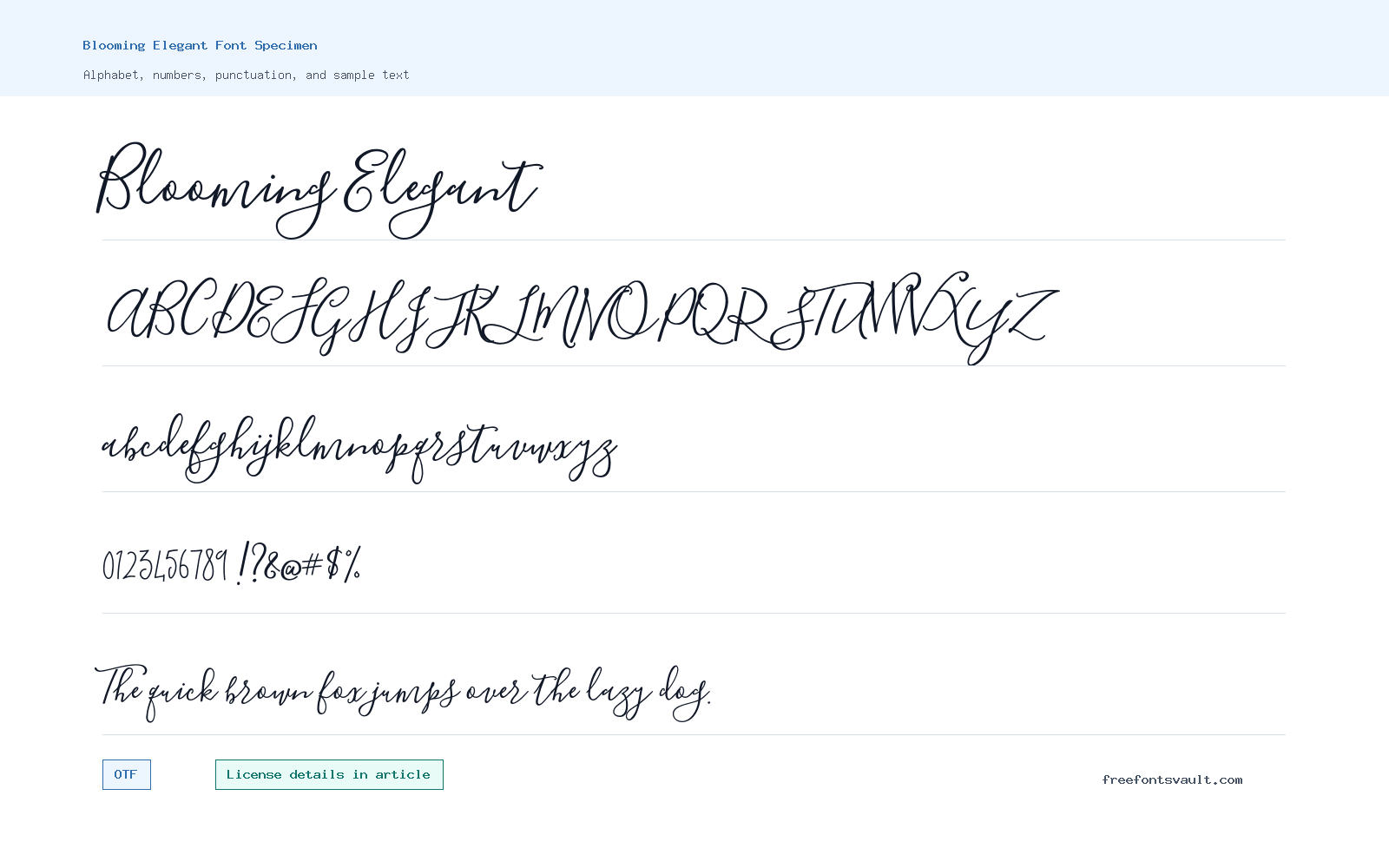 Blooming Elegant font specimen showing alphabet, numbers, and sample text