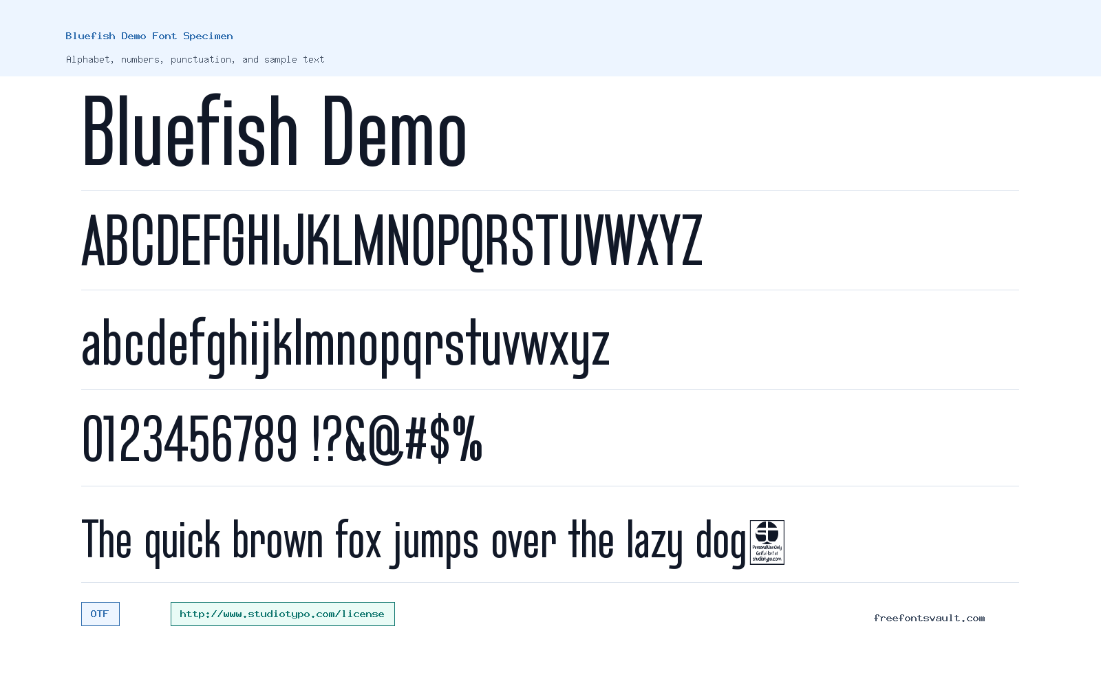 Bluefish Demo font specimen showing alphabet, numbers, and sample text