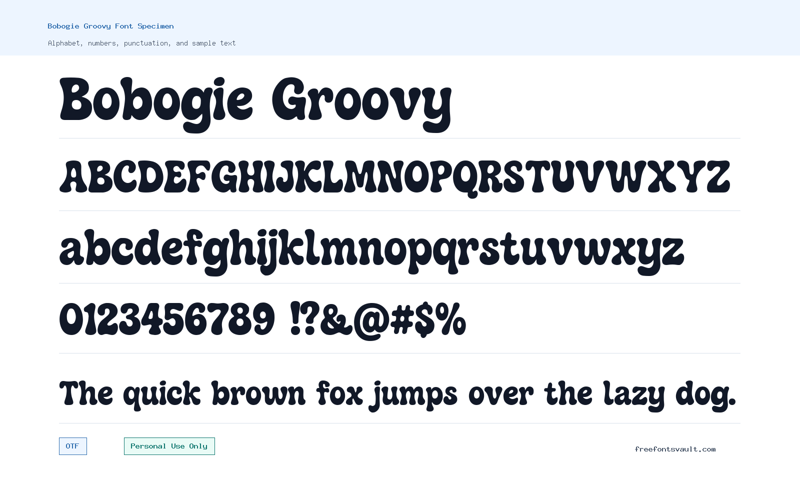Bobogie Groovy font specimen showing alphabet, numbers, and sample text