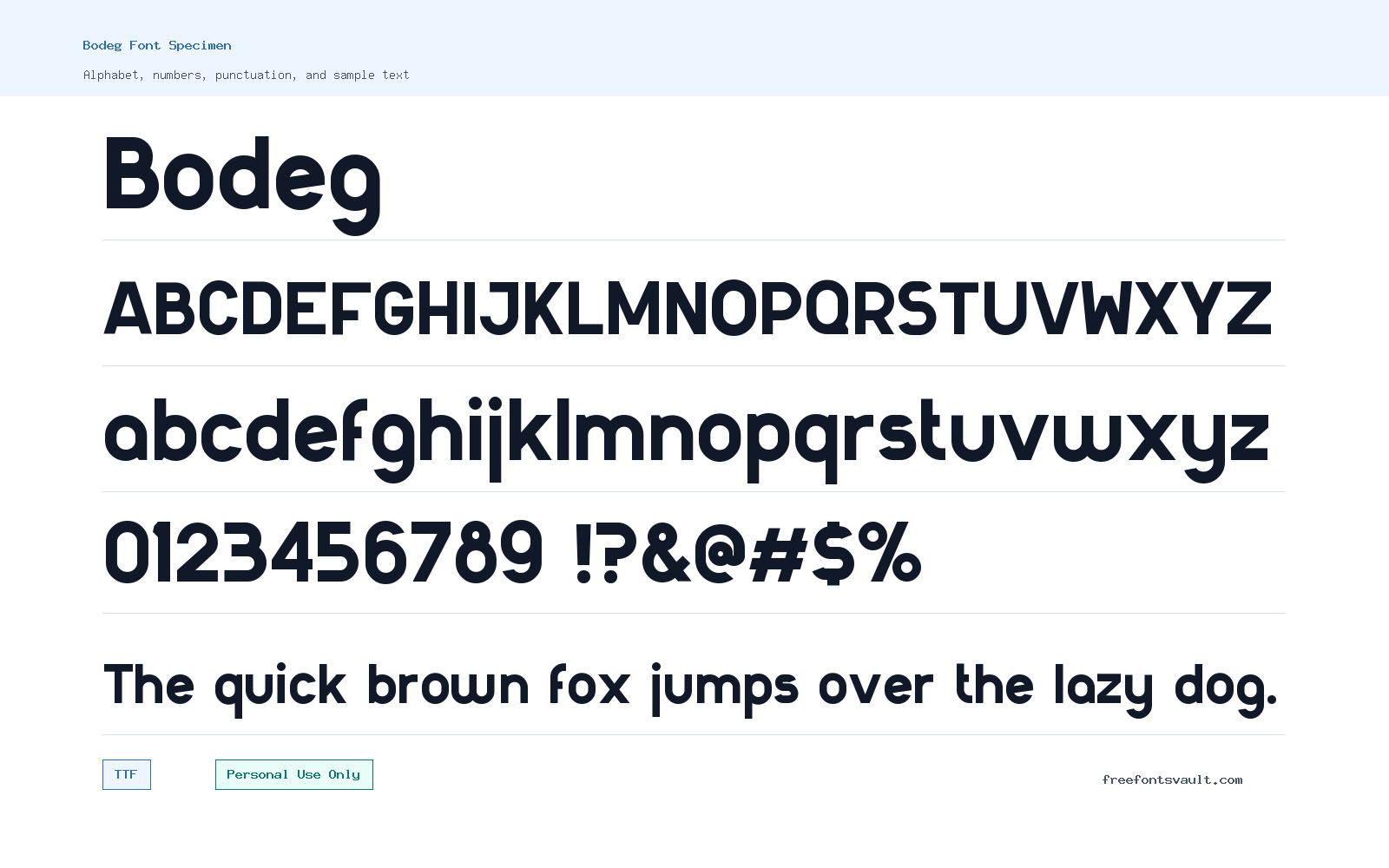 Bodeg font specimen showing alphabet, numbers, and sample text