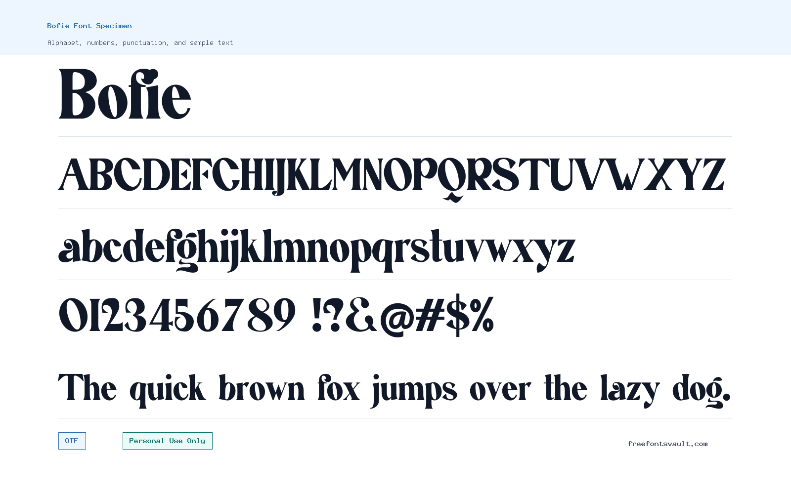 Bofie font specimen showing alphabet, numbers, and sample text