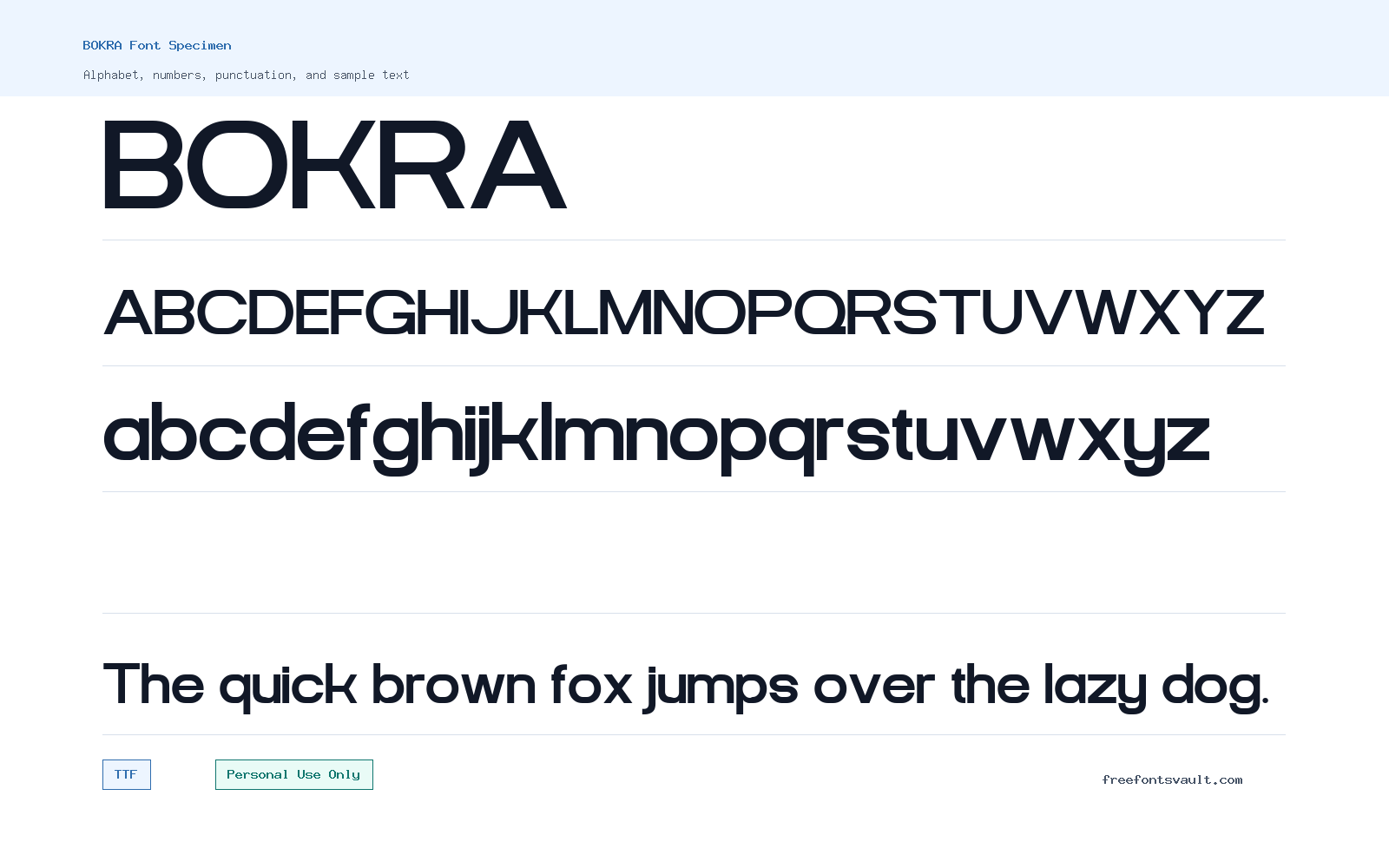 BOKRA font specimen showing alphabet, numbers, and sample text
