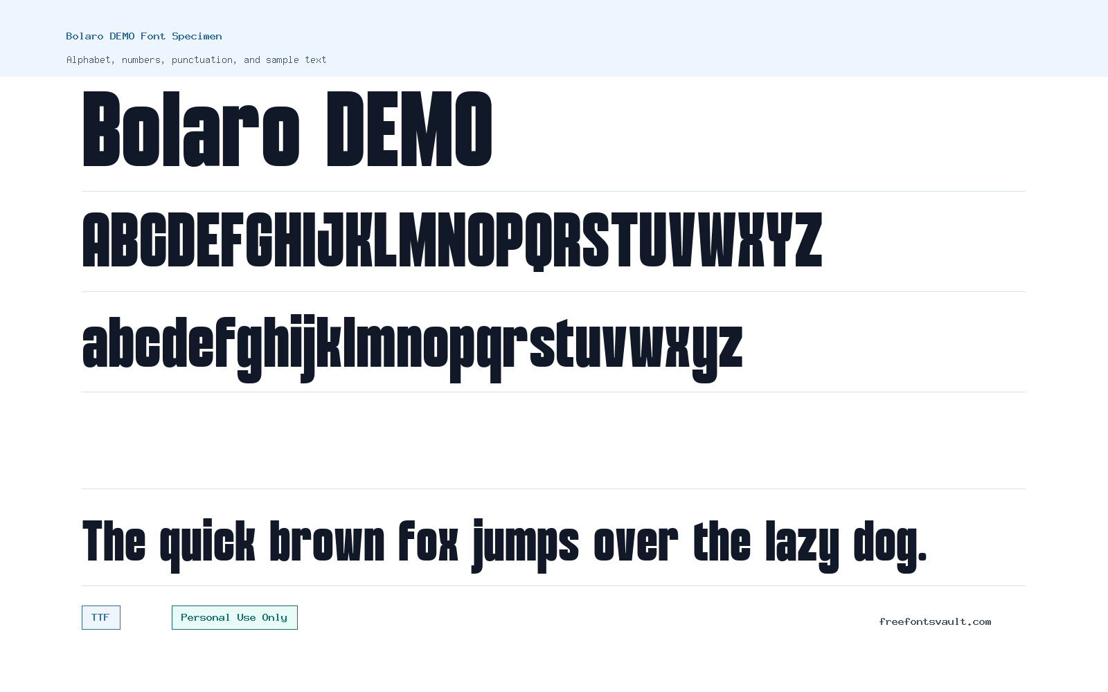 Bolaro DEMO font specimen showing alphabet, numbers, and sample text