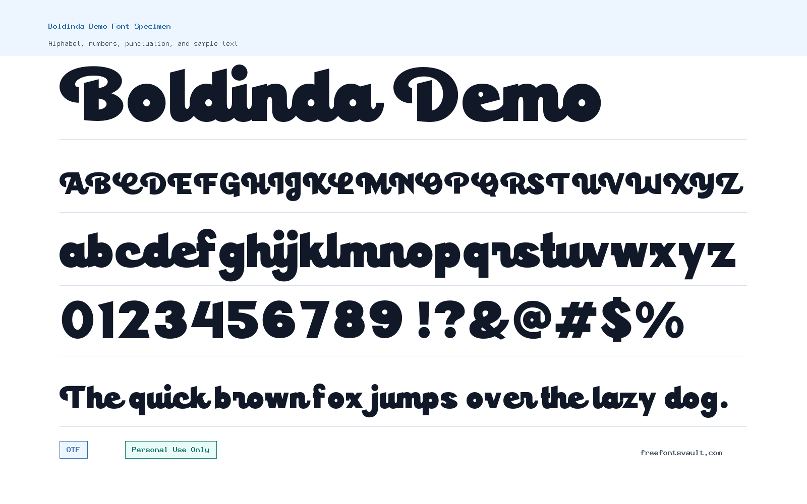 Boldinda Demo font specimen showing alphabet, numbers, and sample text