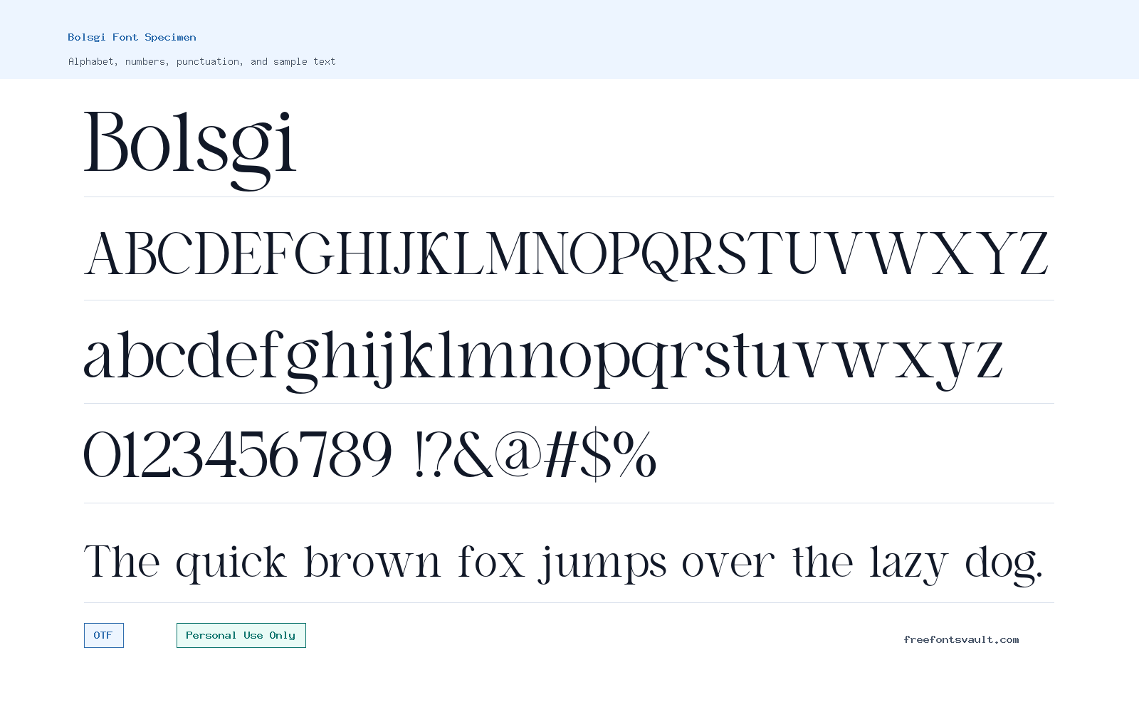 Bolsgi font specimen showing alphabet, numbers, and sample text