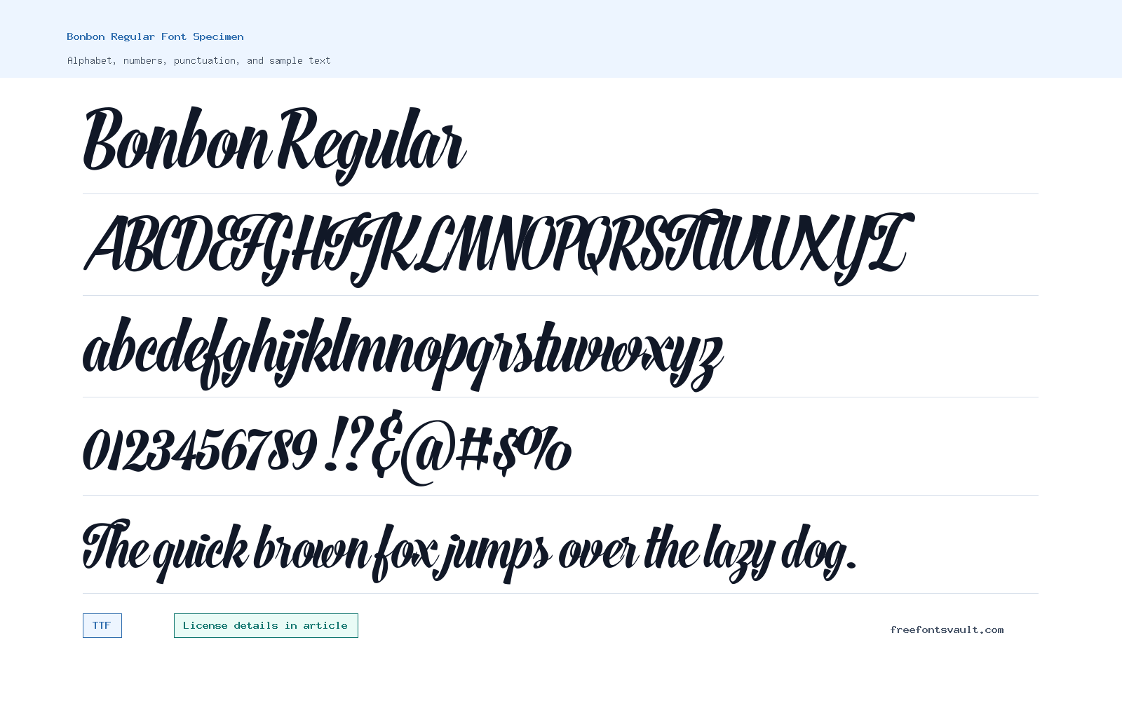 Bonbon Regular font specimen showing alphabet, numbers, and sample text