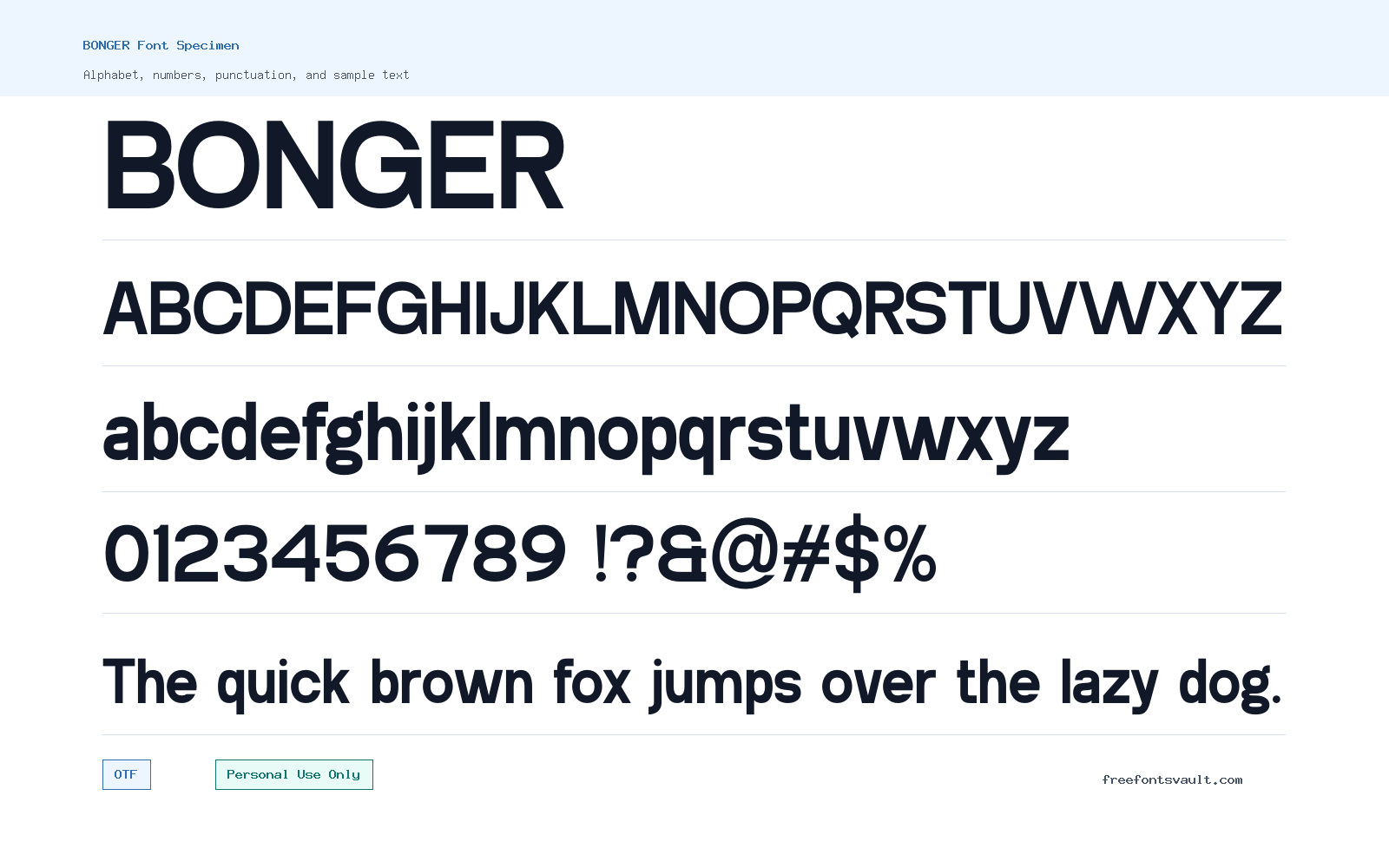 BONGER font specimen showing alphabet, numbers, and sample text