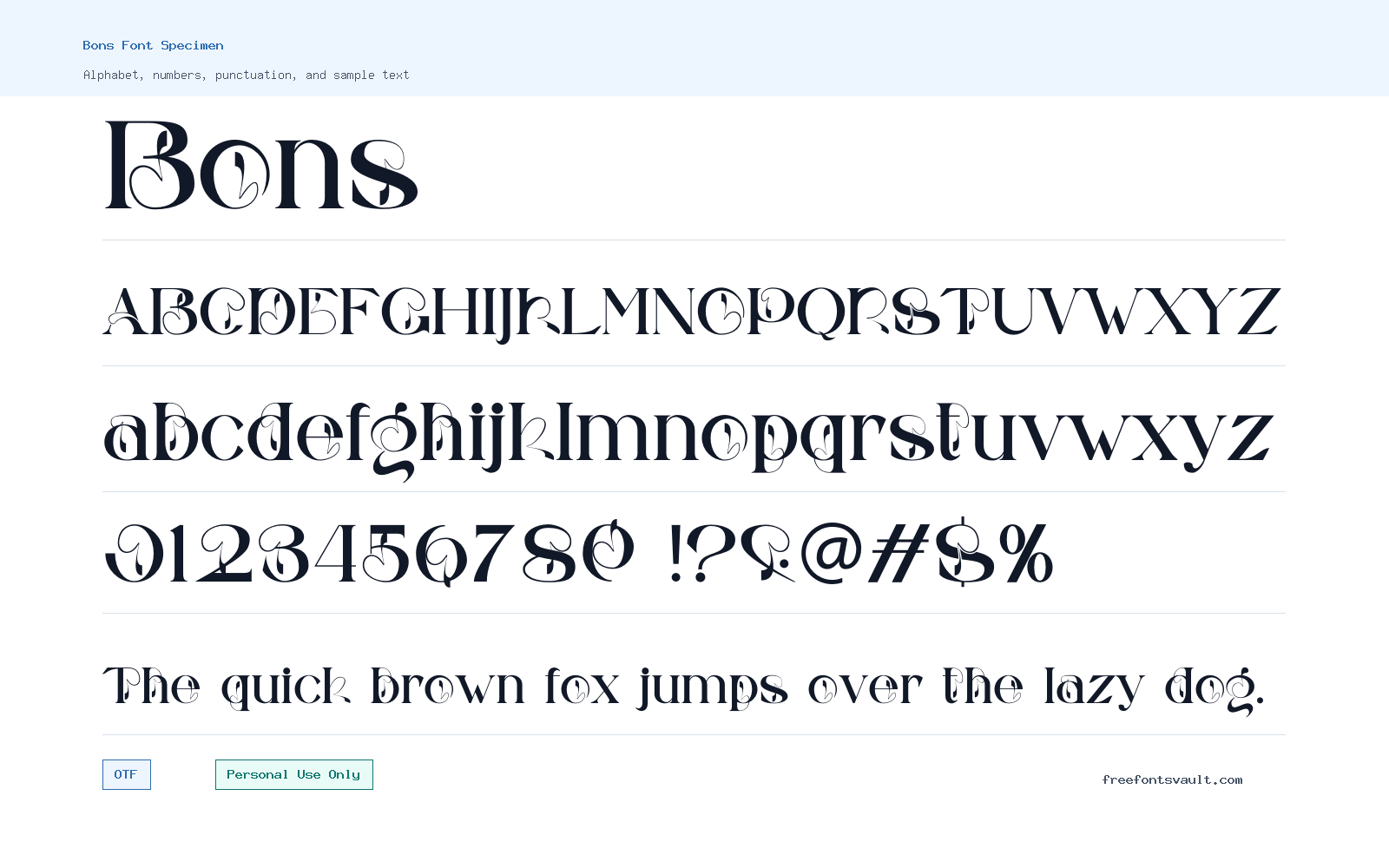 Bons font specimen showing alphabet, numbers, and sample text