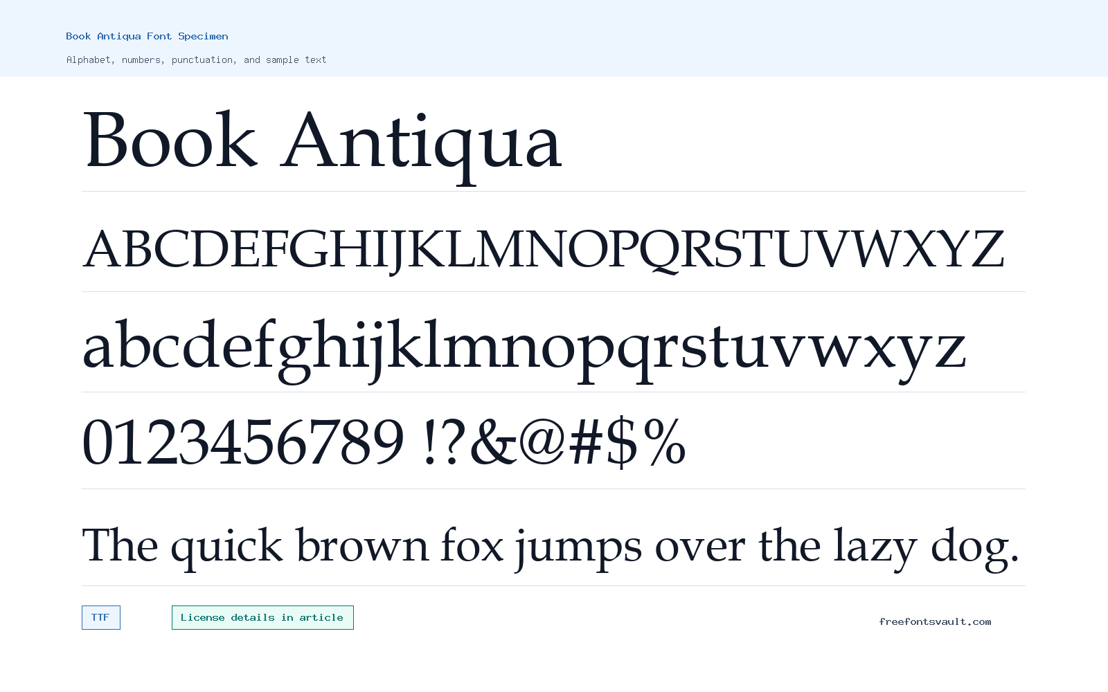 Book Antiqua font specimen showing alphabet, numbers, and sample text