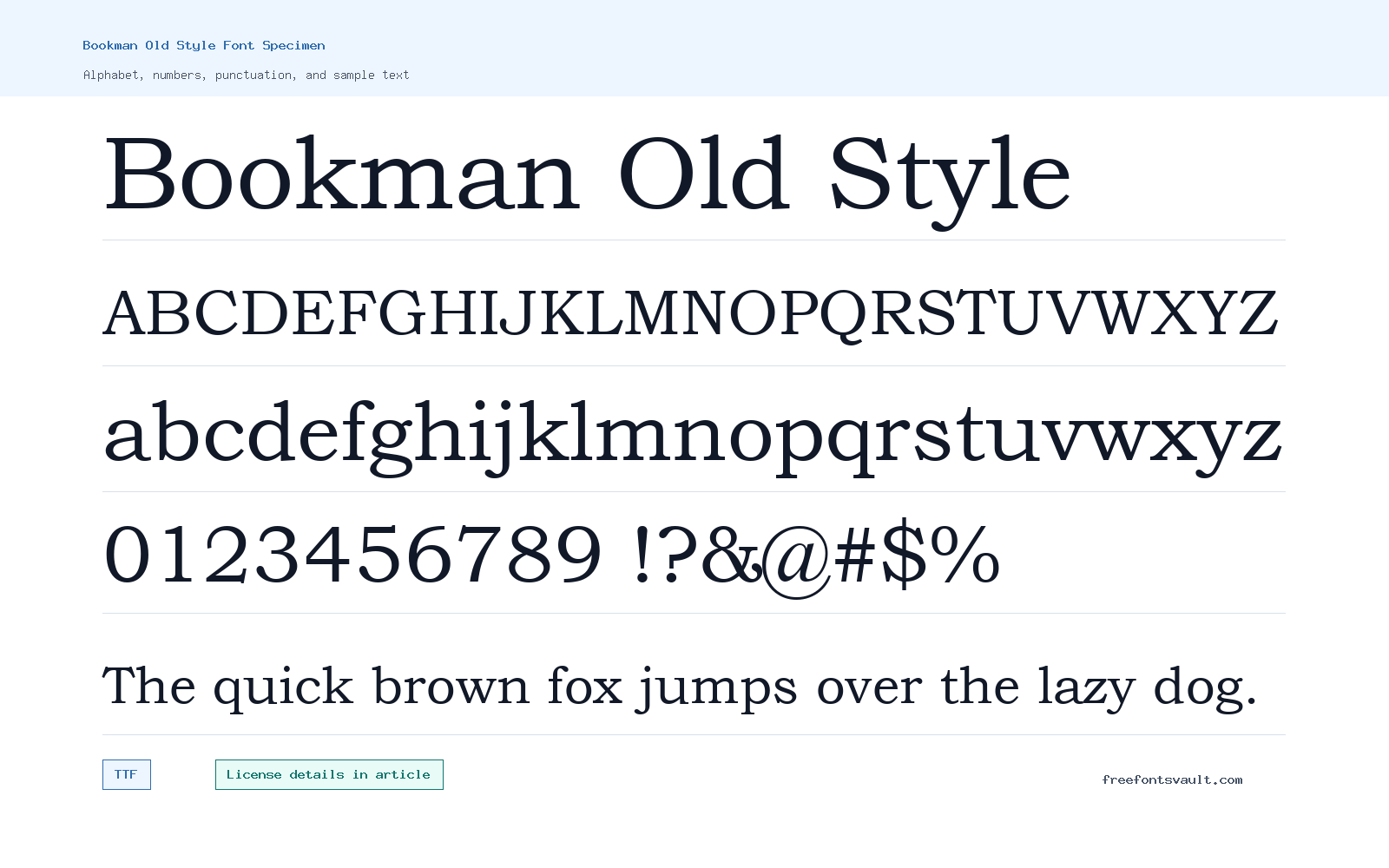 Bookman Old Style font specimen showing alphabet, numbers, and sample text