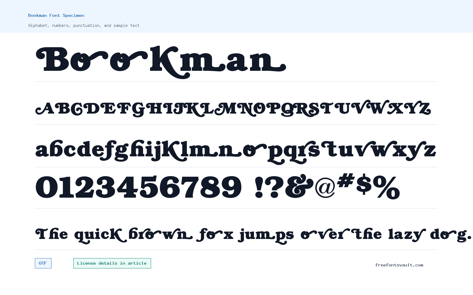 Bookman font specimen showing alphabet, numbers, and sample text