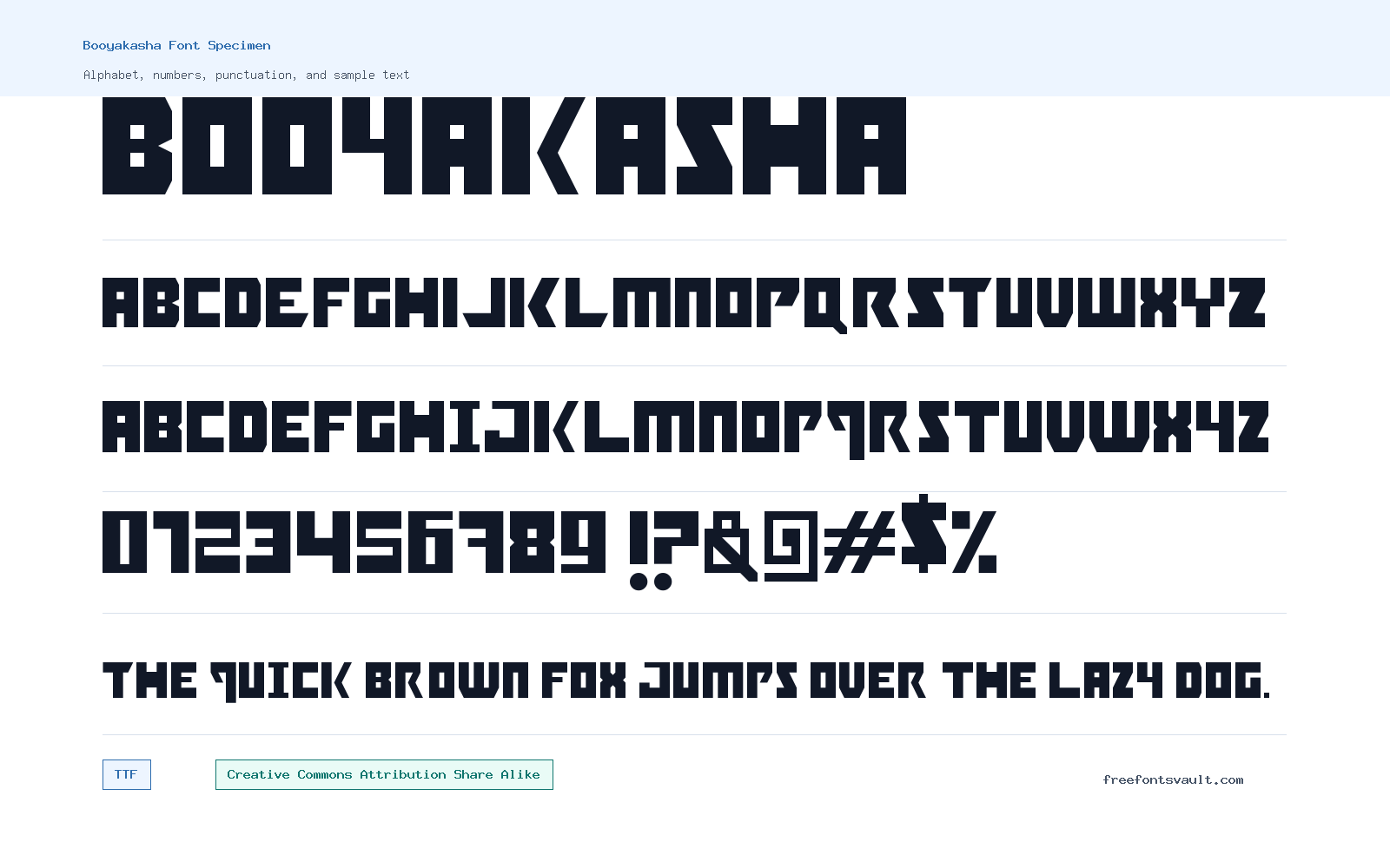 Booyakasha font specimen showing alphabet, numbers, and sample text