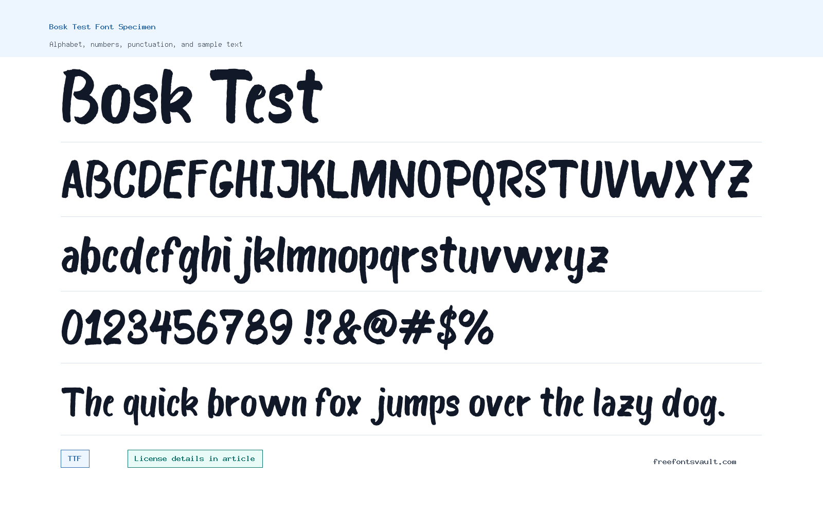 Bosk Test font specimen showing alphabet, numbers, and sample text
