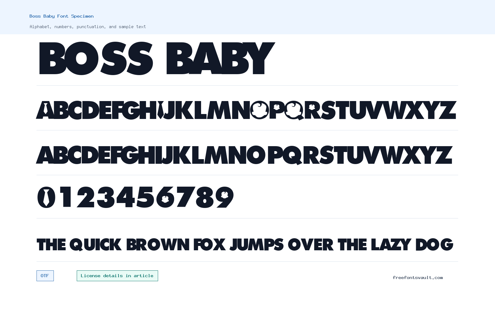 Boss Baby font specimen showing alphabet, numbers, and sample text
