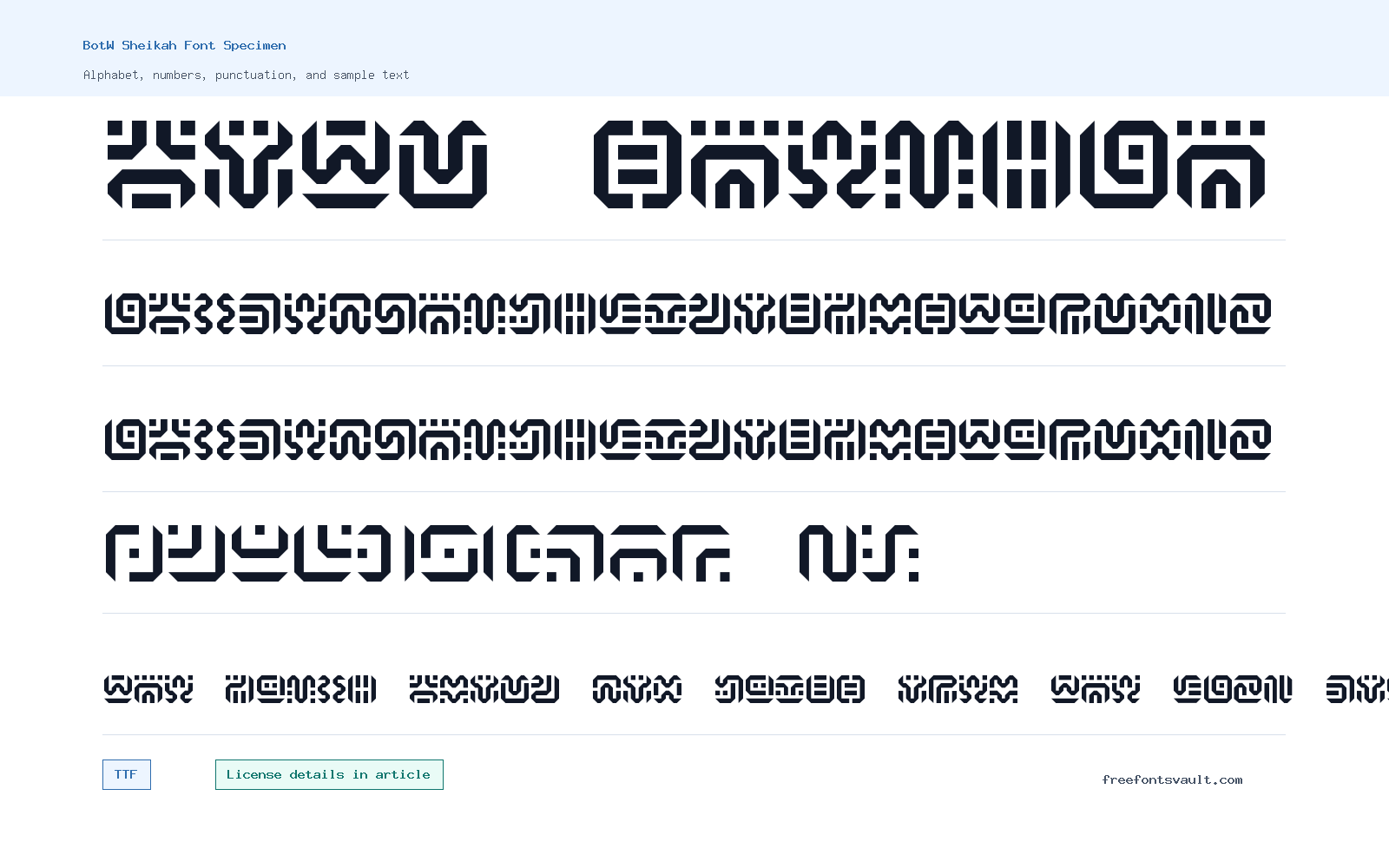 BotW Sheikah font specimen showing alphabet, numbers, and sample text