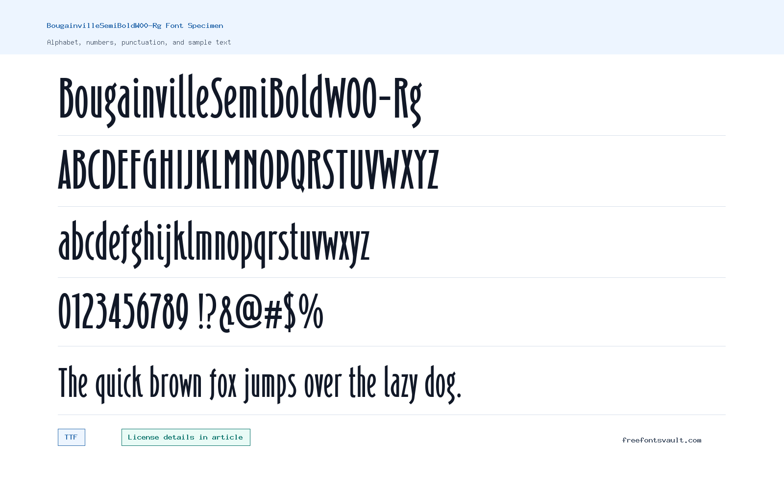 BougainvilleSemiBoldW00-Rg font specimen showing alphabet, numbers, and sample text