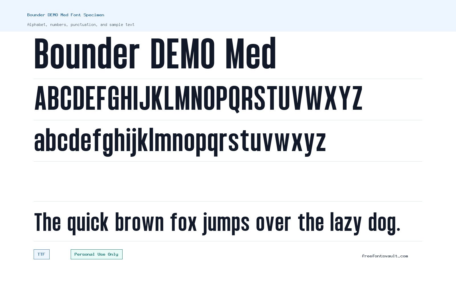Bounder DEMO Med font specimen showing alphabet, numbers, and sample text