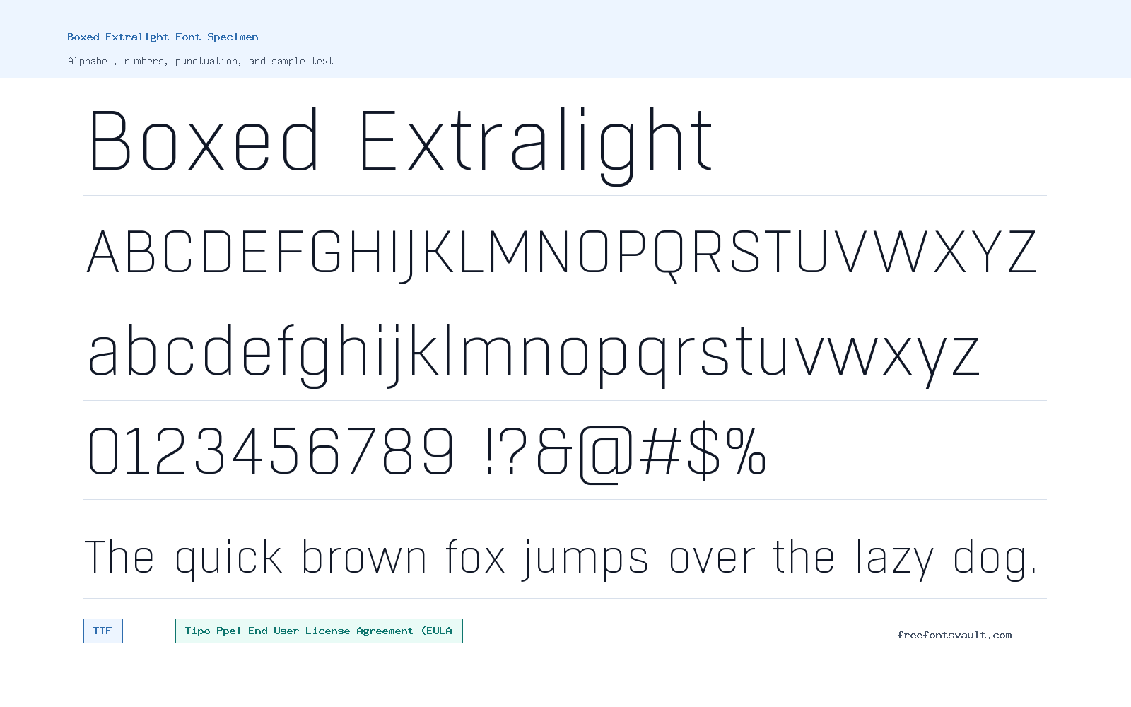Boxed Extralight font specimen showing alphabet, numbers, and sample text