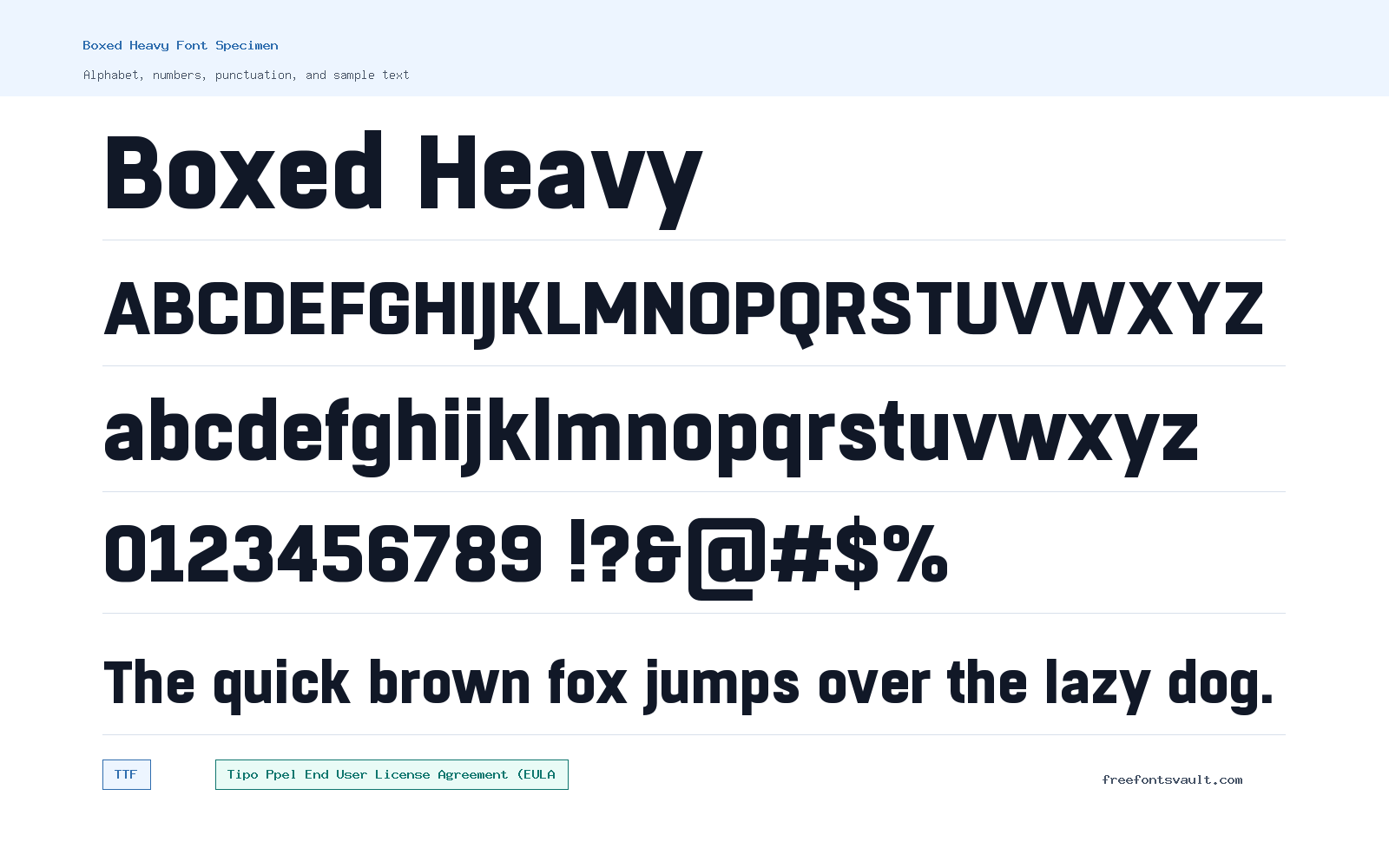 Boxed Heavy font specimen showing alphabet, numbers, and sample text