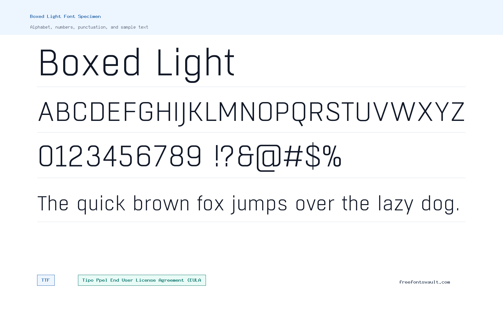 Boxed Light font specimen showing alphabet, numbers, and sample text