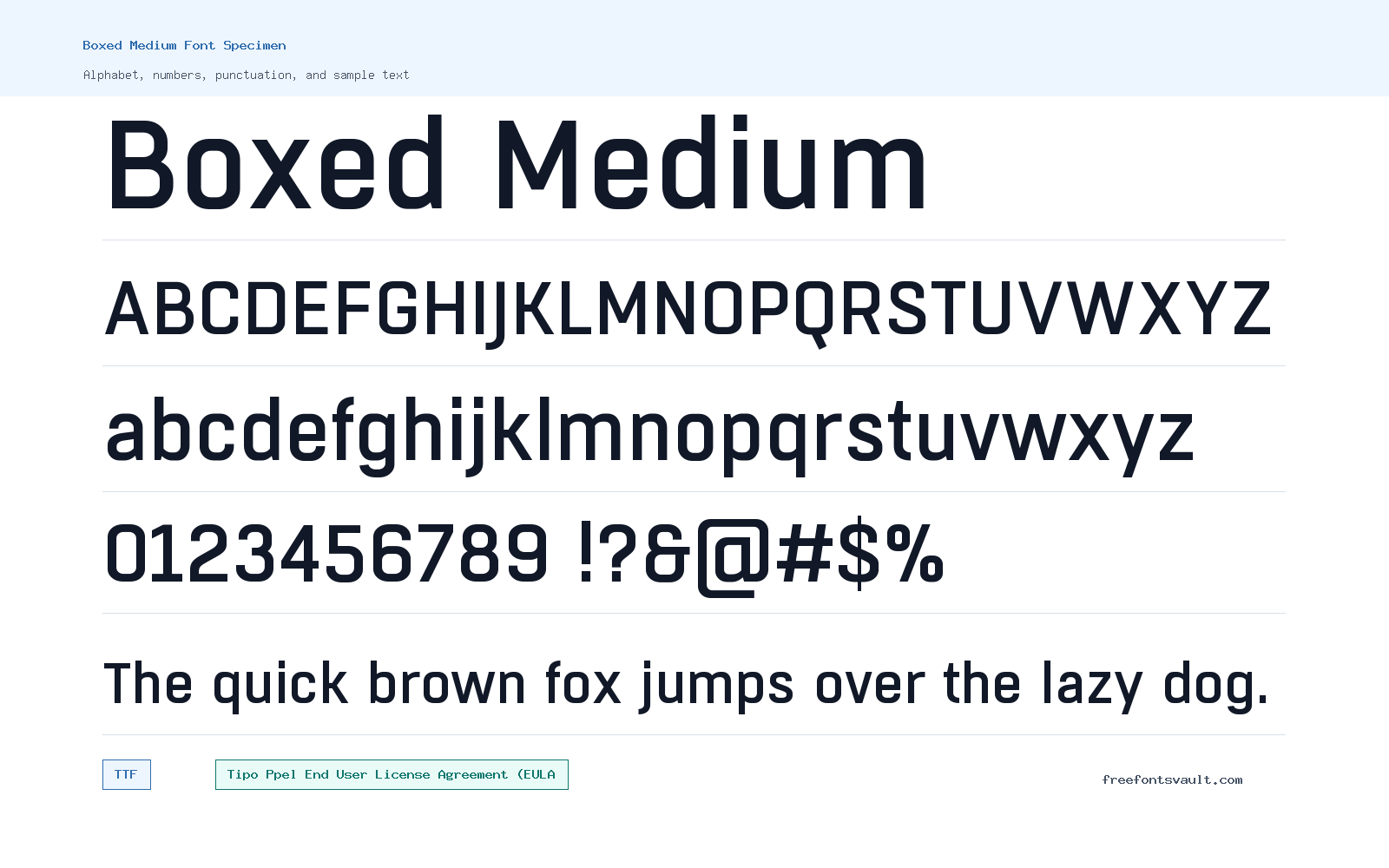 Boxed Medium font specimen showing alphabet, numbers, and sample text