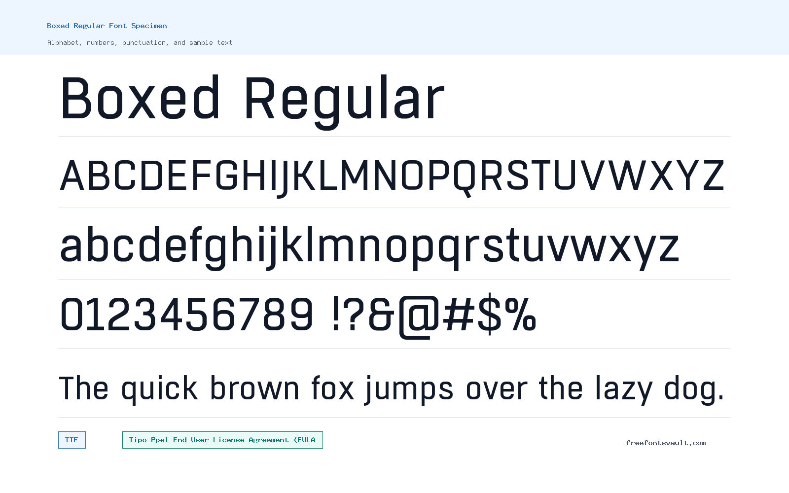 Boxed Regular font specimen showing alphabet, numbers, and sample text