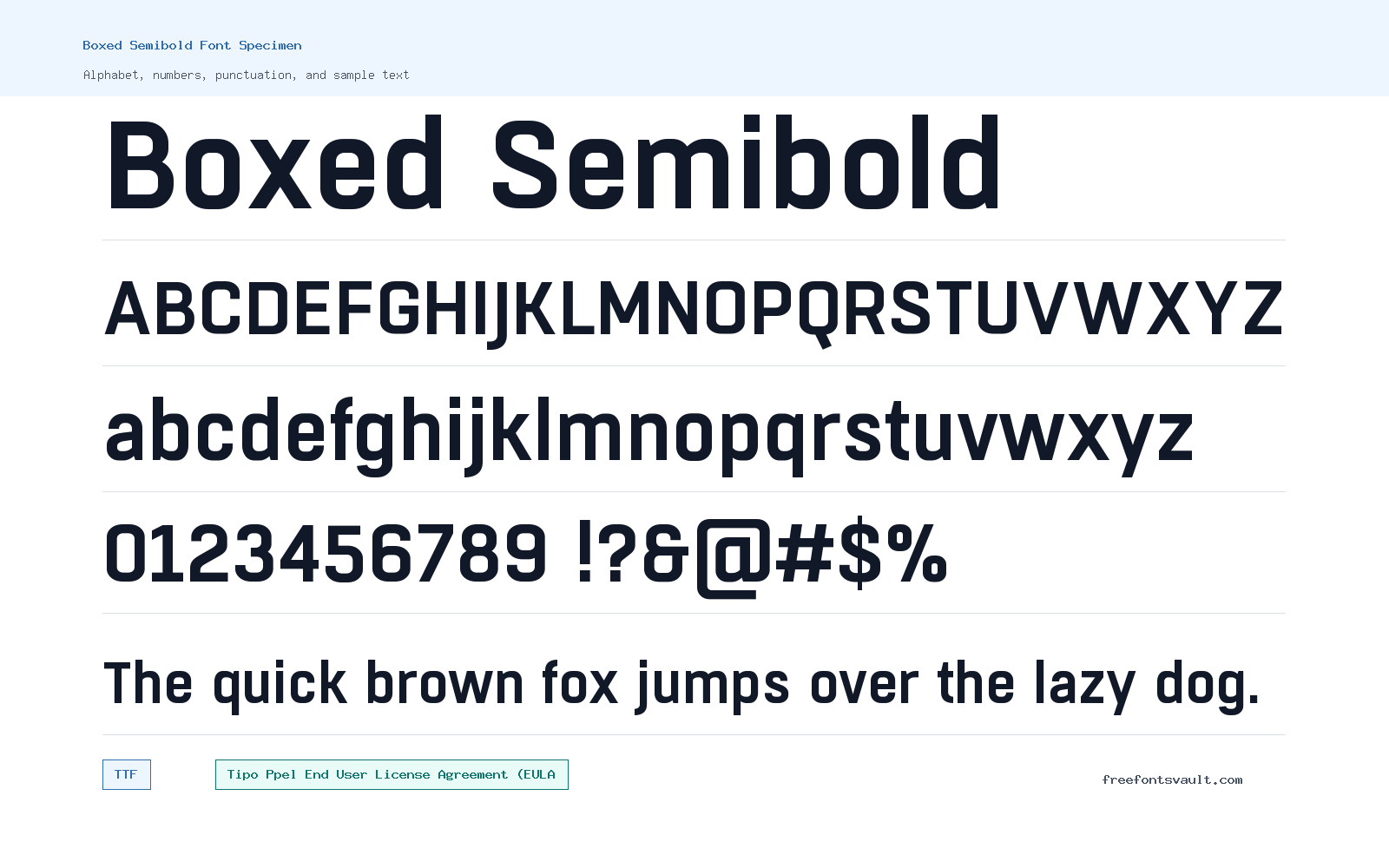 Boxed Semibold font specimen showing alphabet, numbers, and sample text