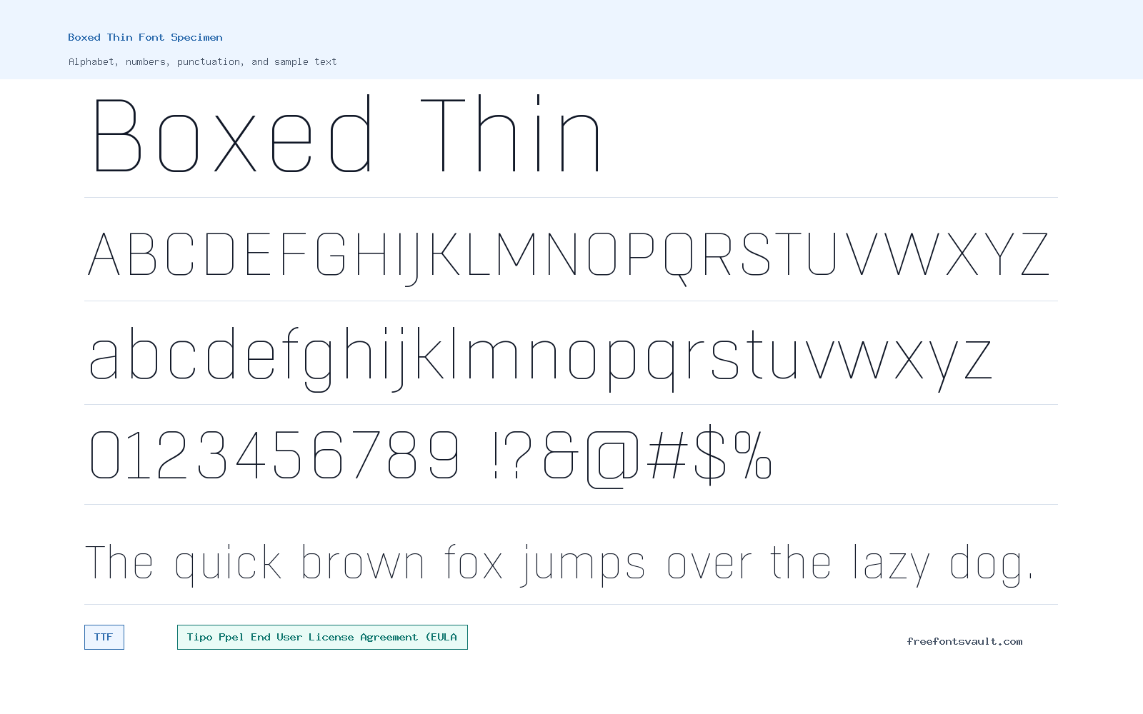 Boxed Thin font specimen showing alphabet, numbers, and sample text