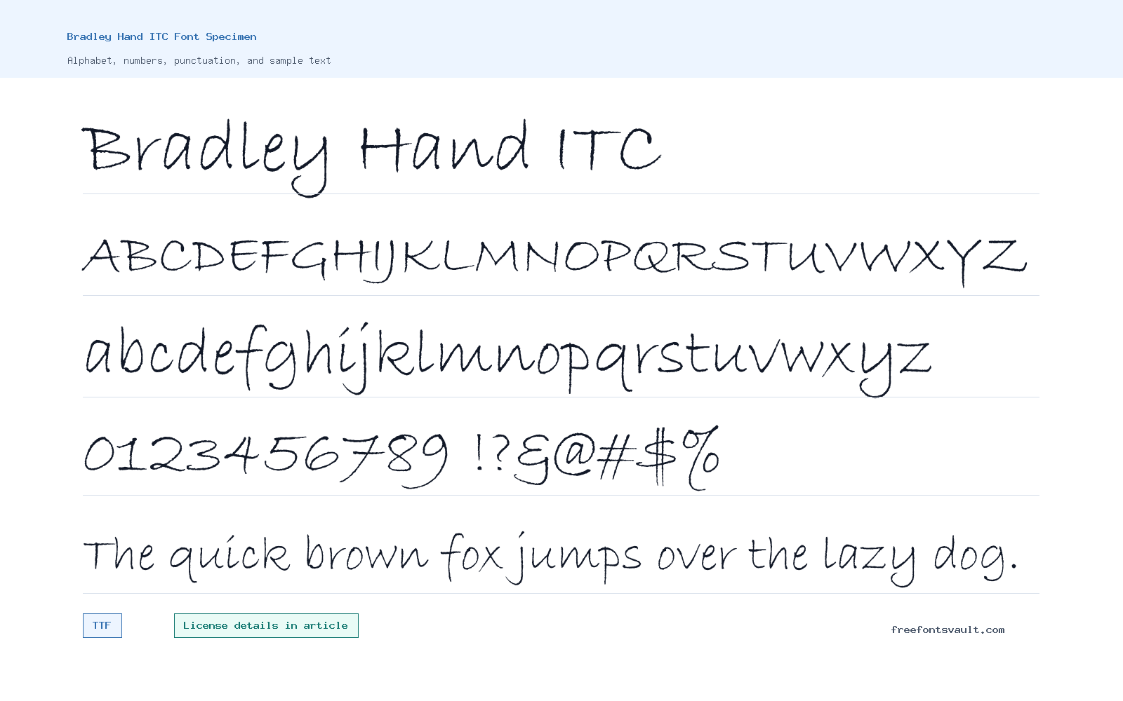 Bradley Hand ITC font specimen showing alphabet, numbers, and sample text
