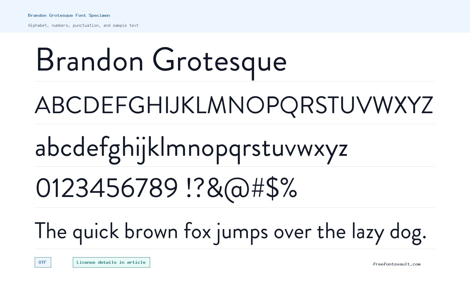 Brandon Grotesque font specimen showing alphabet, numbers, and sample text