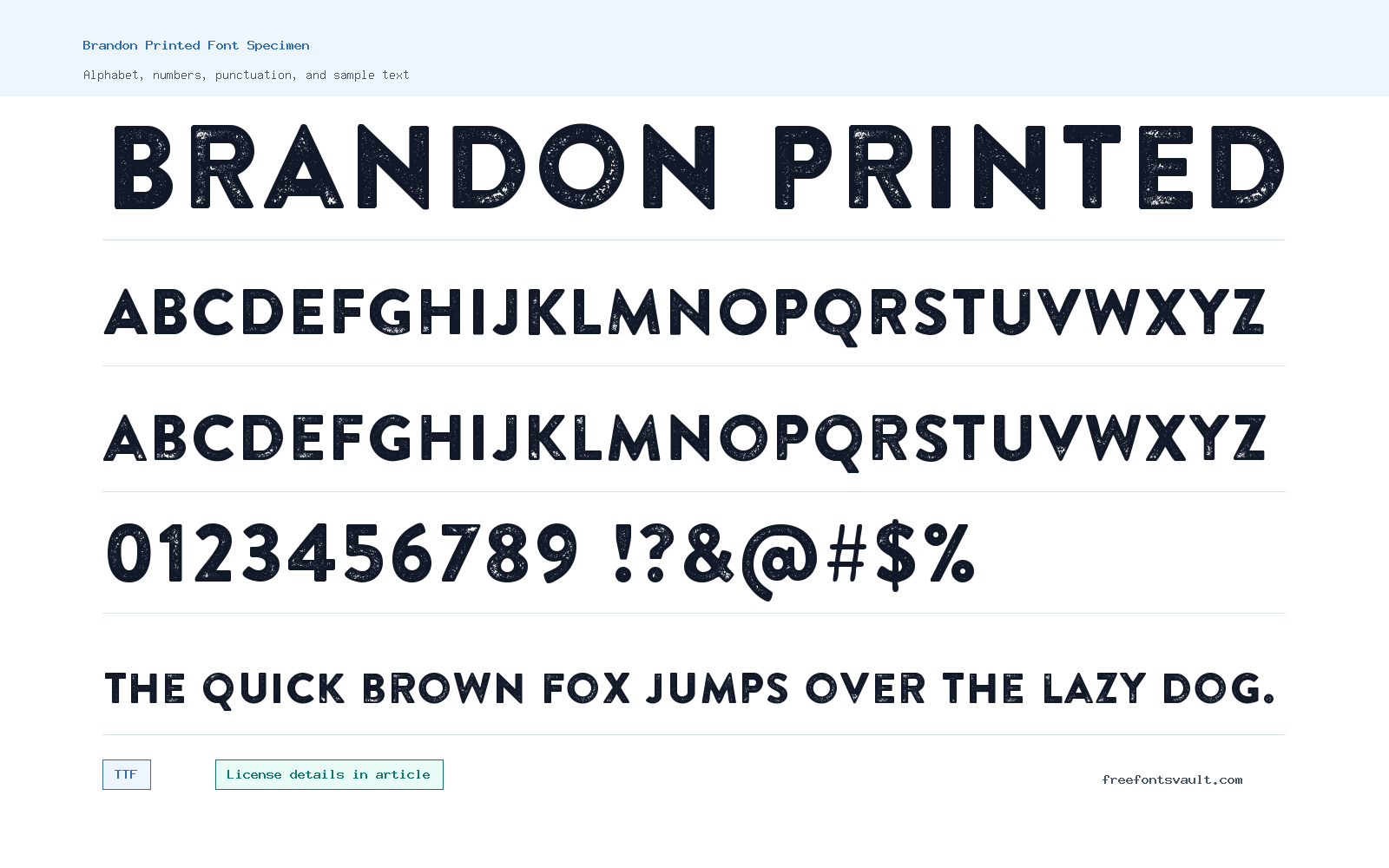 Brandon Printed font specimen showing alphabet, numbers, and sample text